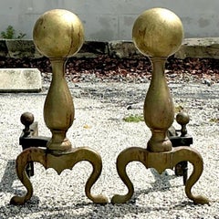 Vintage 19th Century Brass Cannonball Andirons - Set of 2