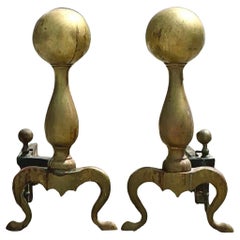 Vintage 19th Century Brass Cannonball Andirons - Set of 2