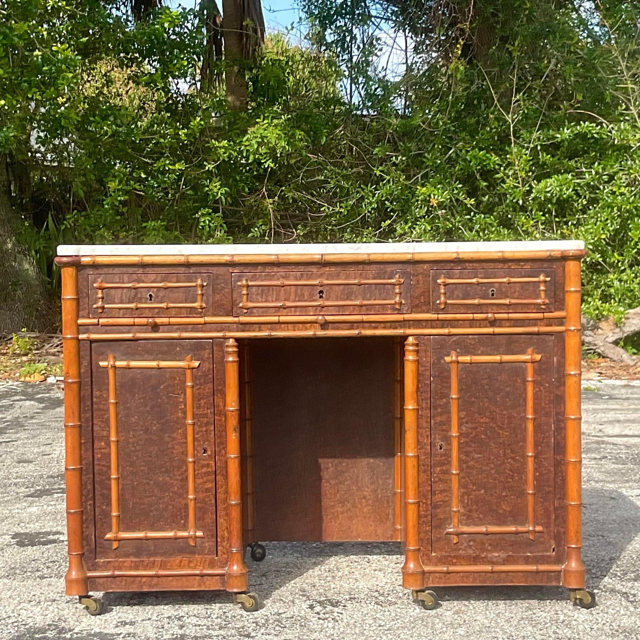 American Vintage 19th Century Carved Bamboo Writing Desk