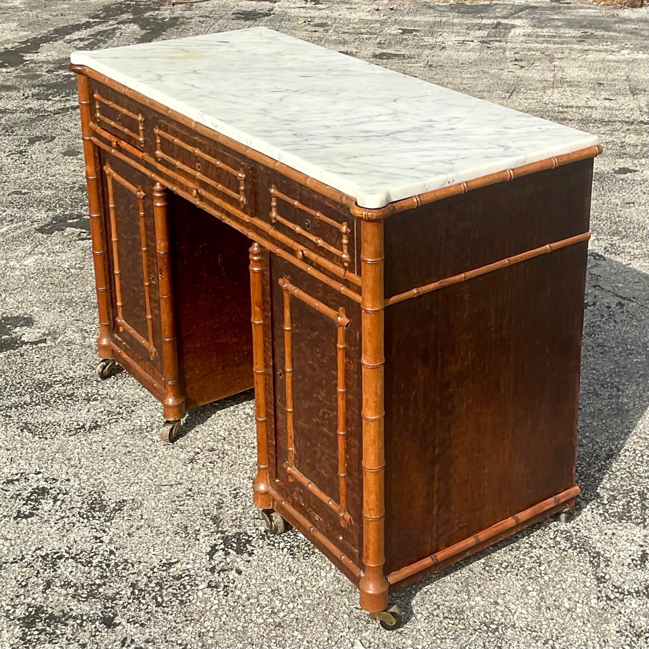 Vintage 19th Century Carved Bamboo Writing Desk In Good Condition In west palm beach, FL