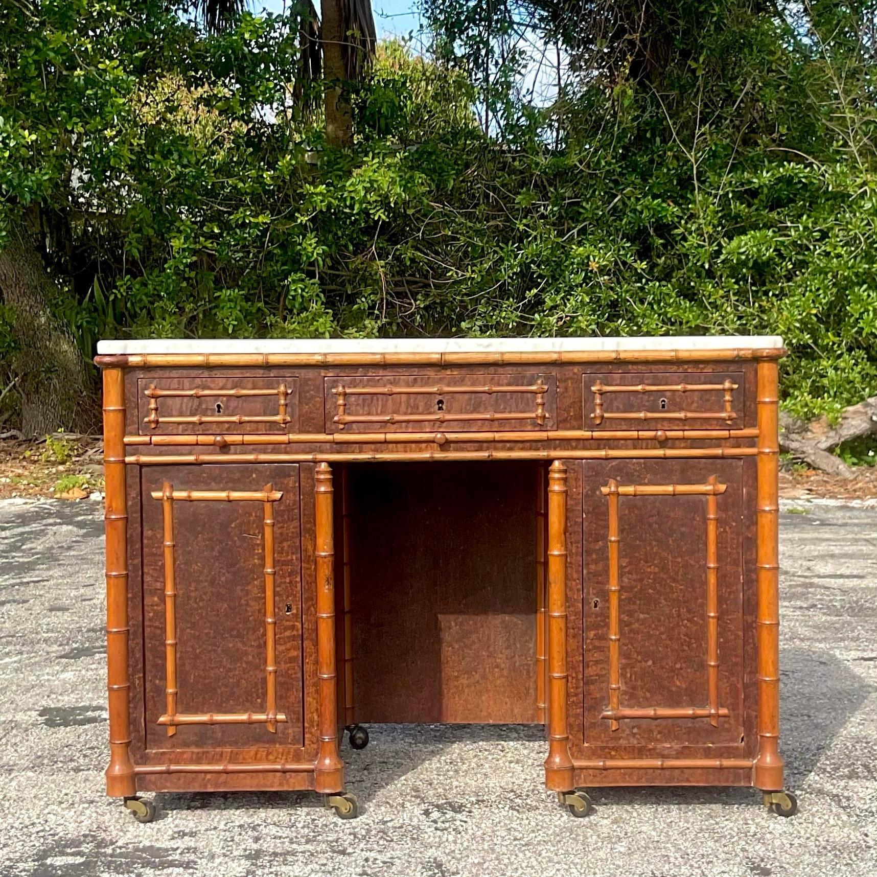 Vintage 19th Century Carved Bamboo Writing Desk 1
