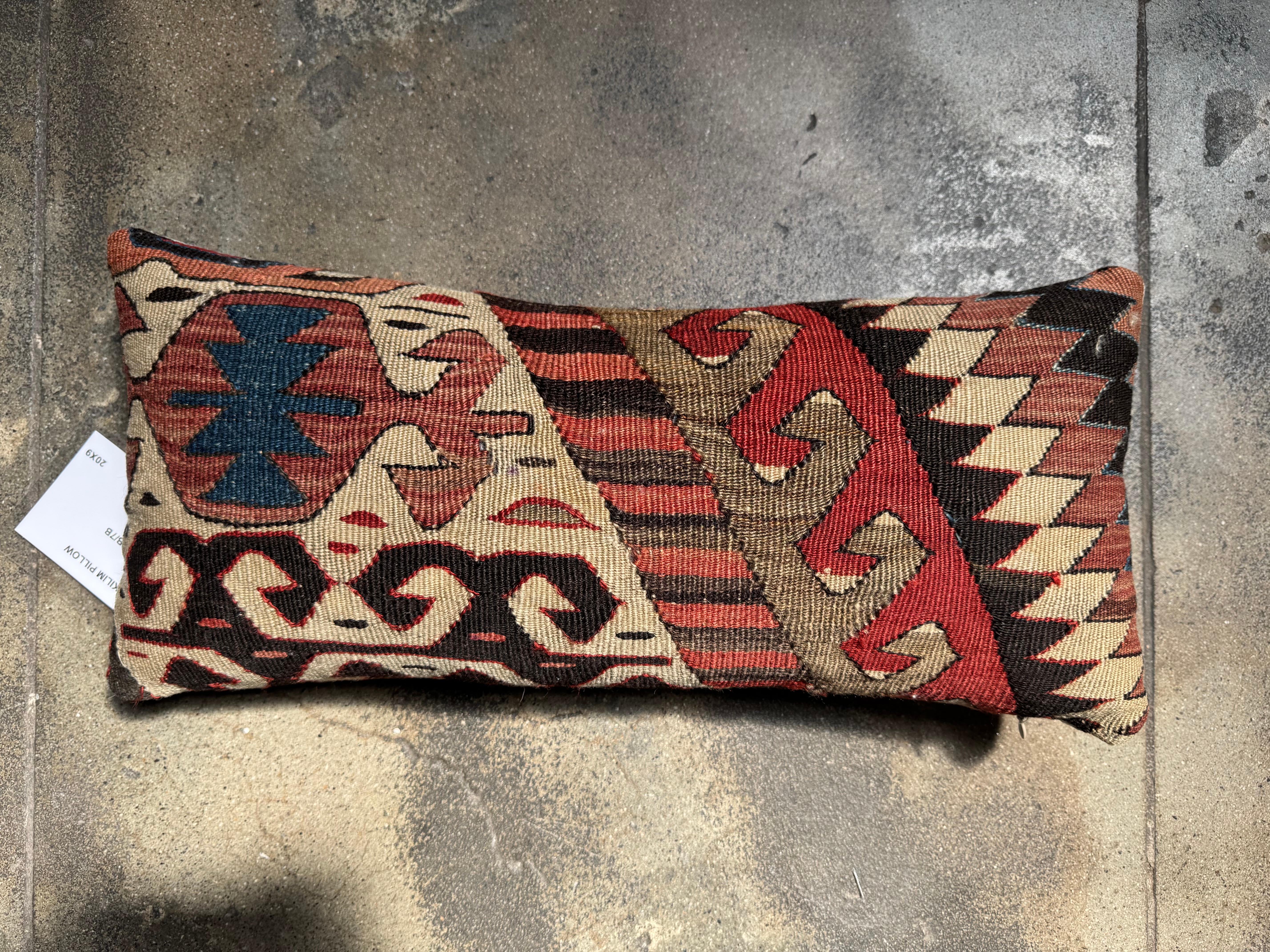 Azerbaijani Vintage 19th Century Caucasian Kilim Lumbar Pillow – 20” x 11” For Sale