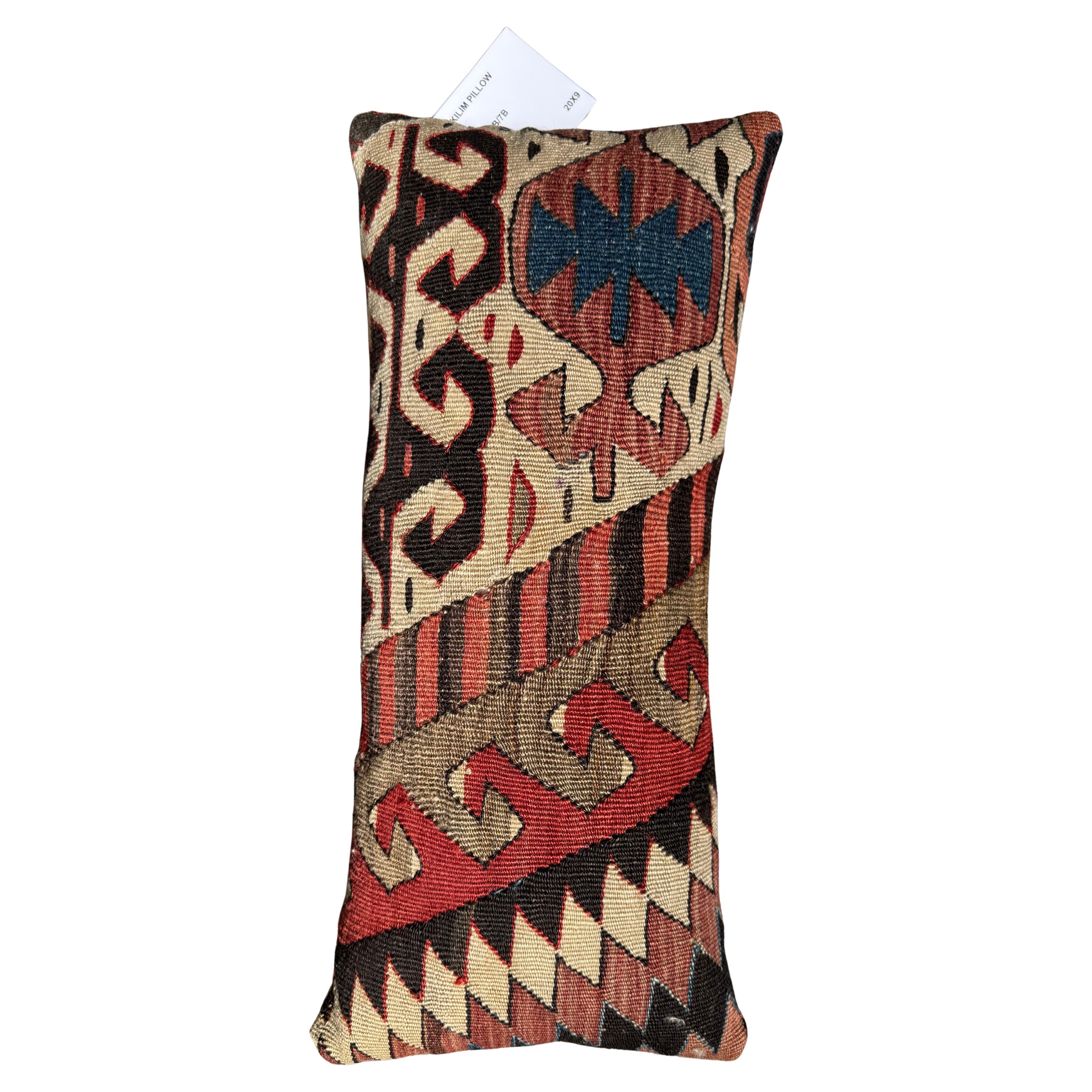 Vintage 19th Century Caucasian Kilim Lumbar Pillow – 20” x 11” For Sale