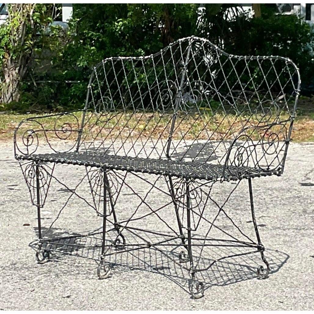 Vintage 19th Century French Art Nouveau Wire Garden Bench For Sale 1