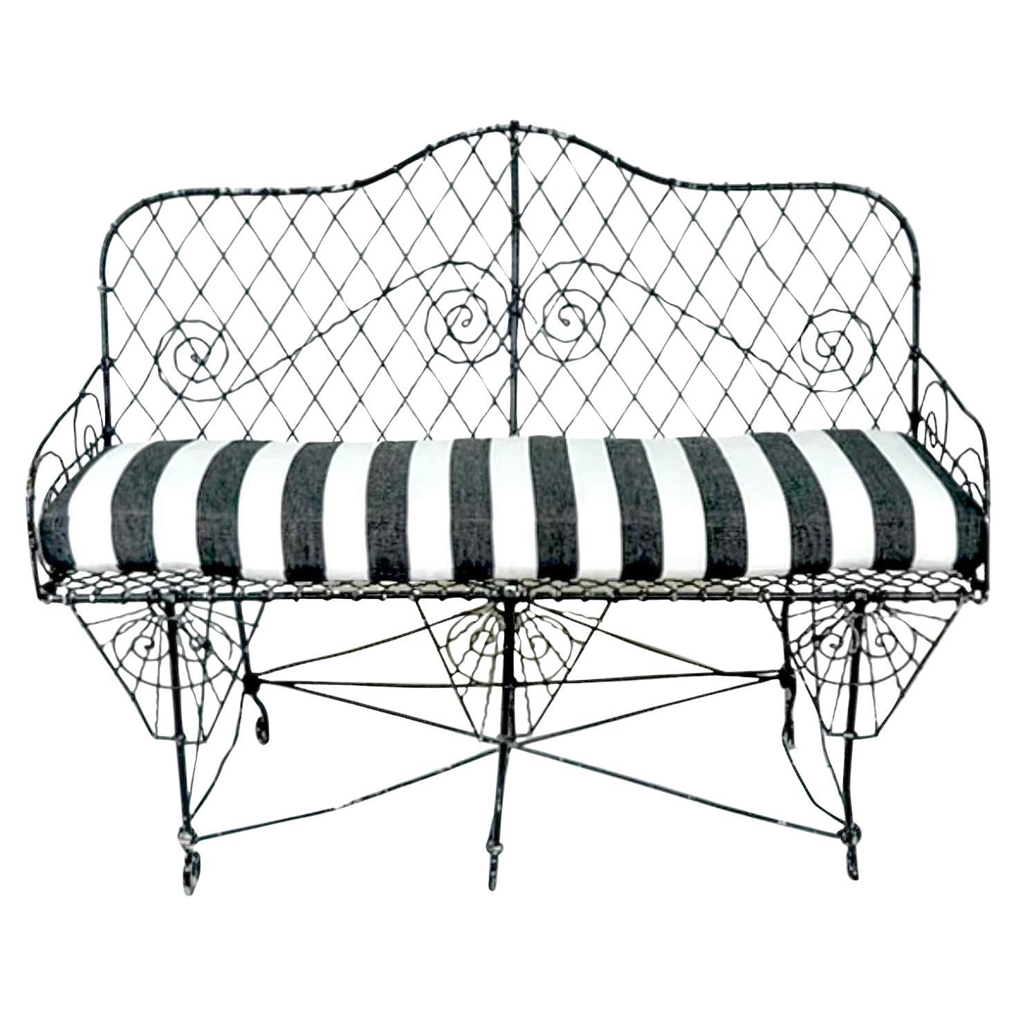 Vintage 19th Century French Art Nouveau Wire Garden Bench For Sale