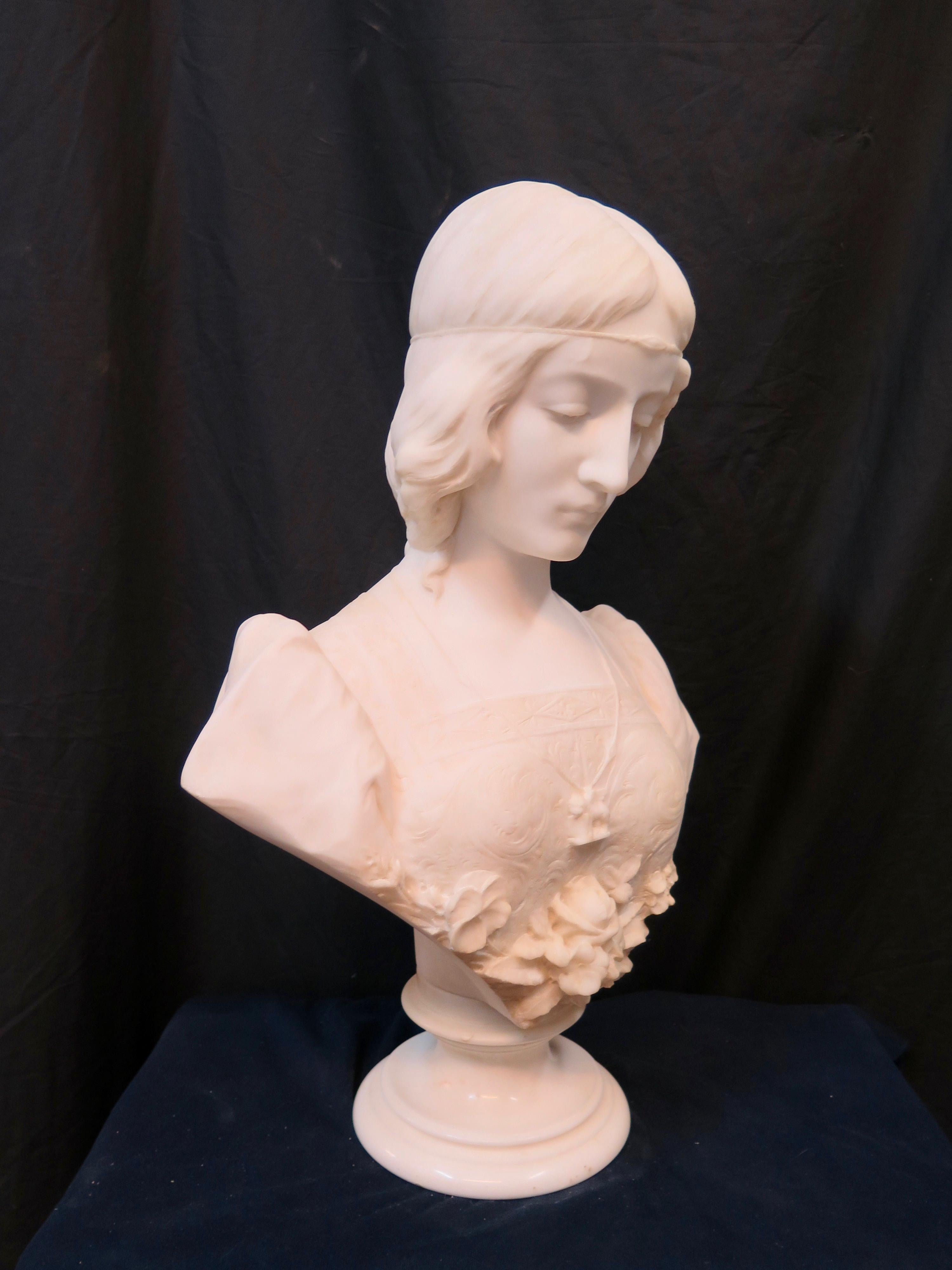 Vintage 19th Century Marble Bust of a Young Maiden, Signed 7