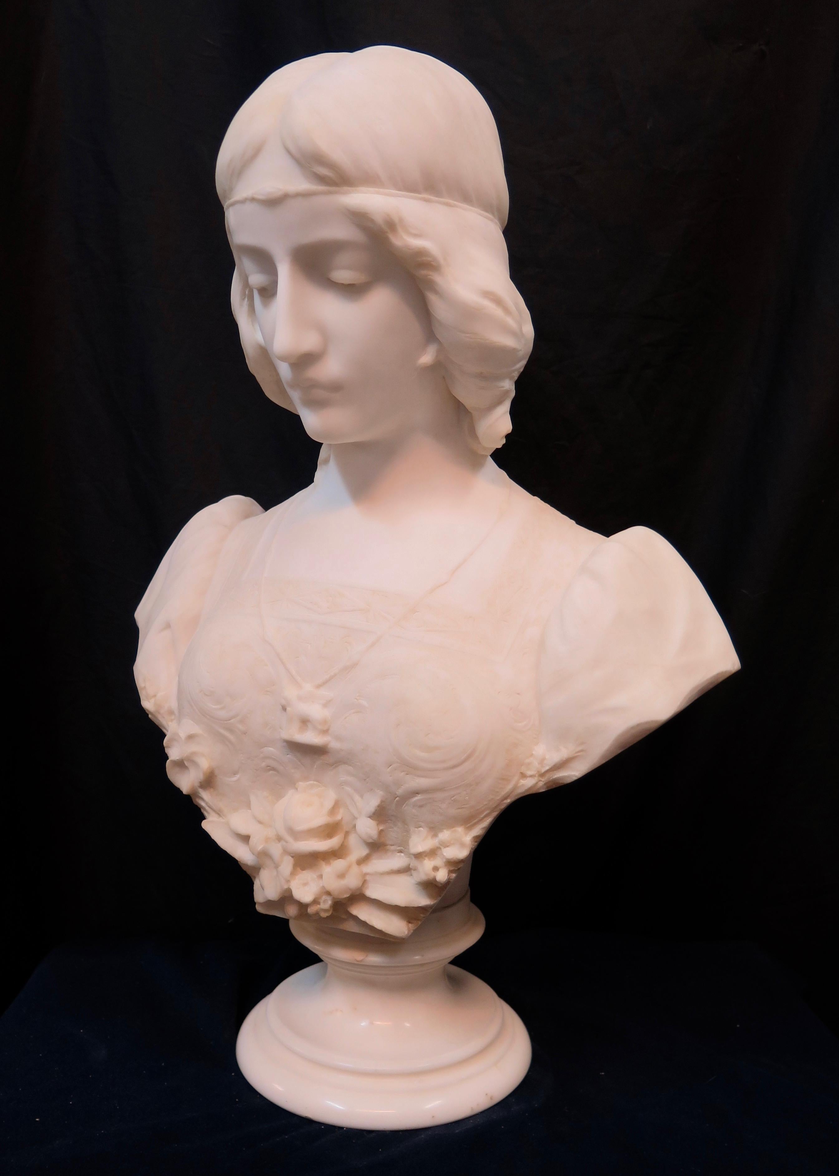 Italian Vintage 19th Century Marble Bust of a Young Maiden, Signed