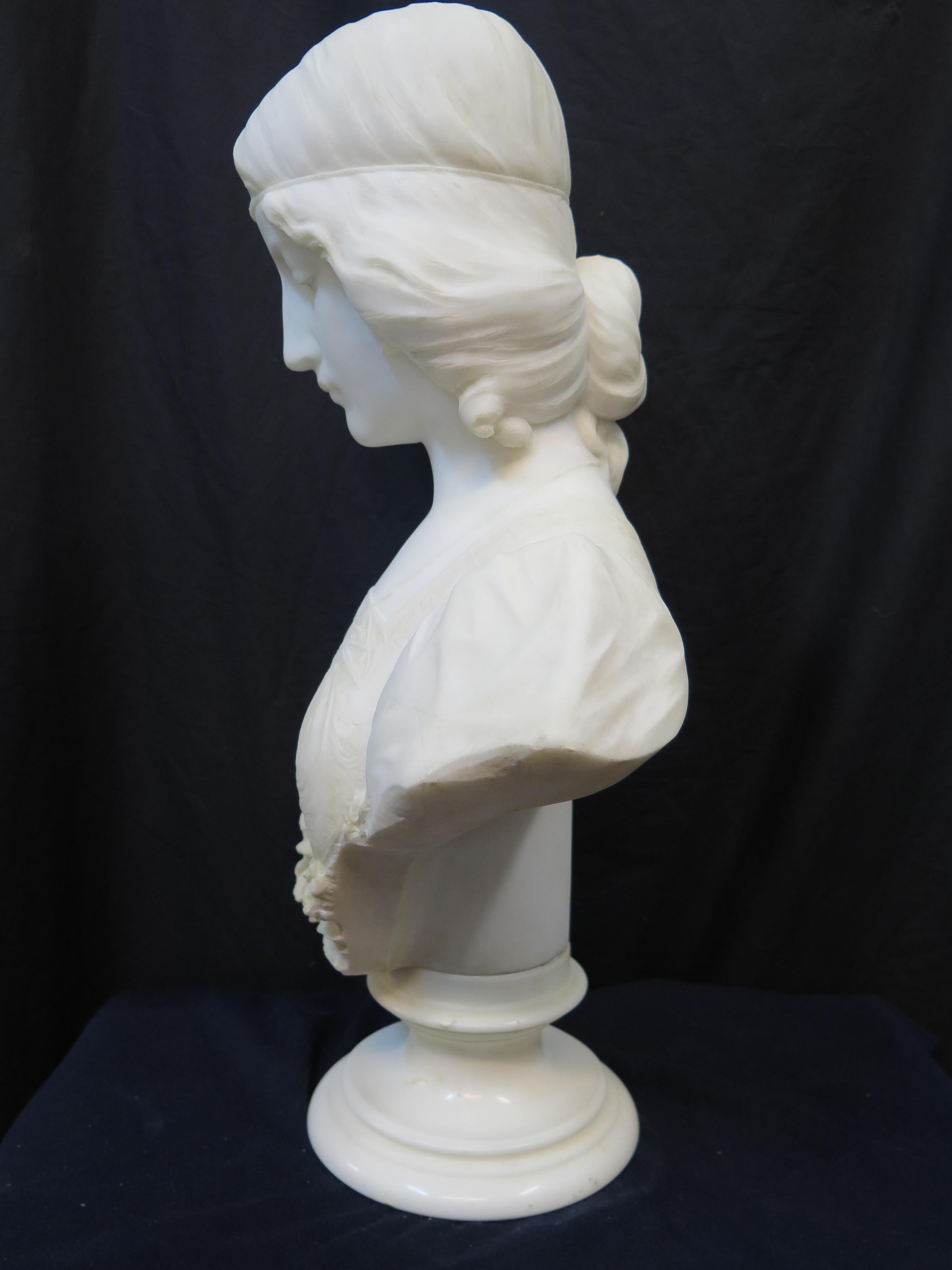 Hand-Carved Vintage 19th Century Marble Bust of a Young Maiden, Signed