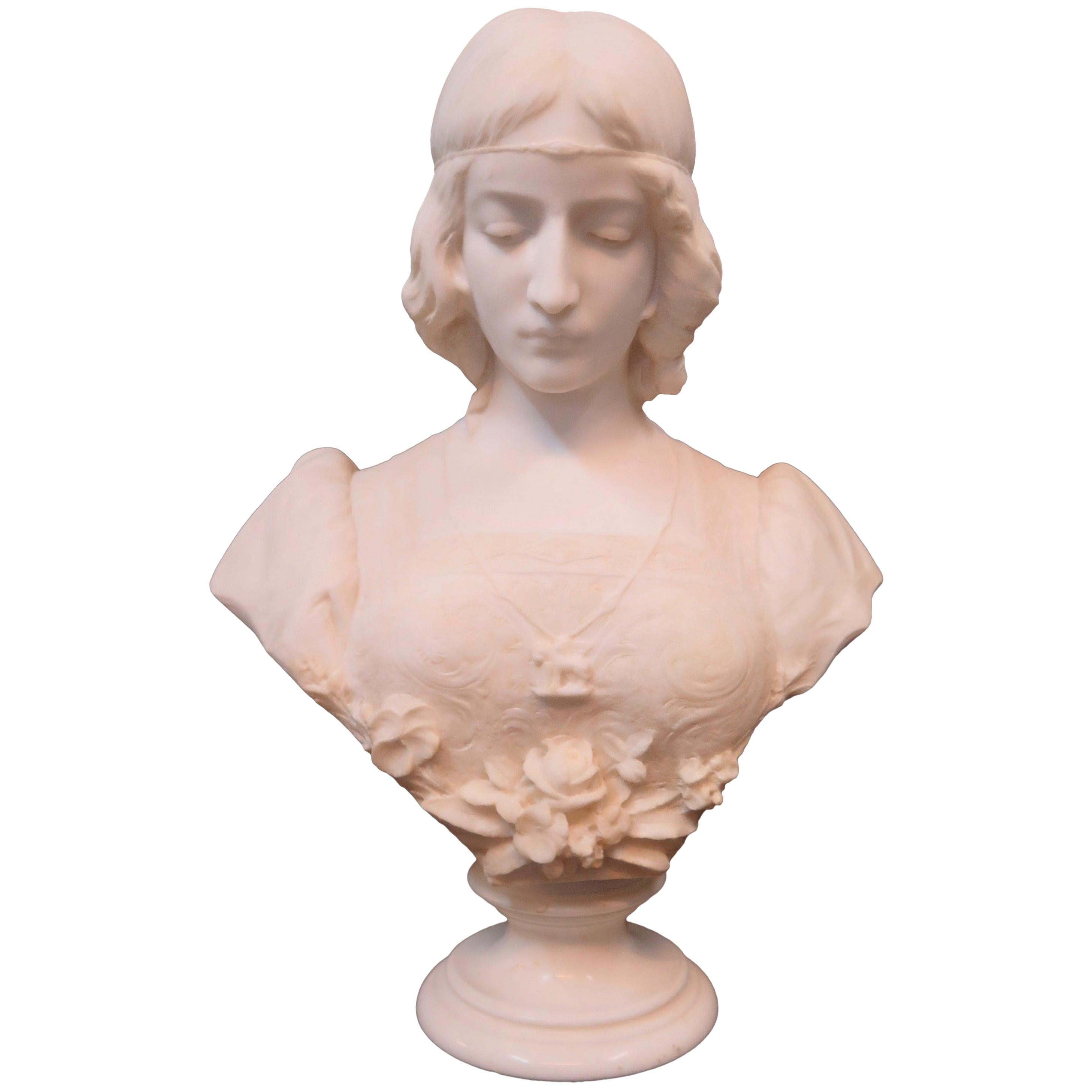 Vintage 19th Century Marble Bust of a Young Maiden, Signed