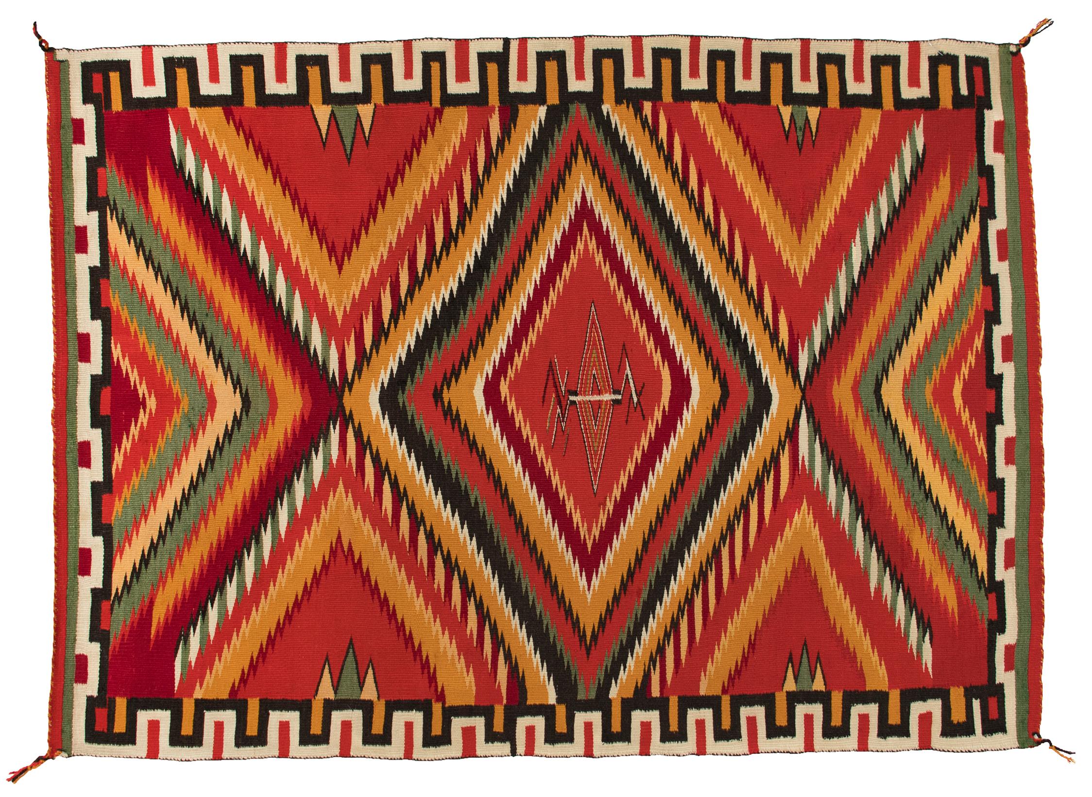 Vintage circa 1890 (19th century) Navajo textile woven of Germantown Yarns in an Eyedazzler diamond pattern of vibrant colors including red, green, yellow/gold, black and white. Germantown textiles like this were woven by Native American Navajo