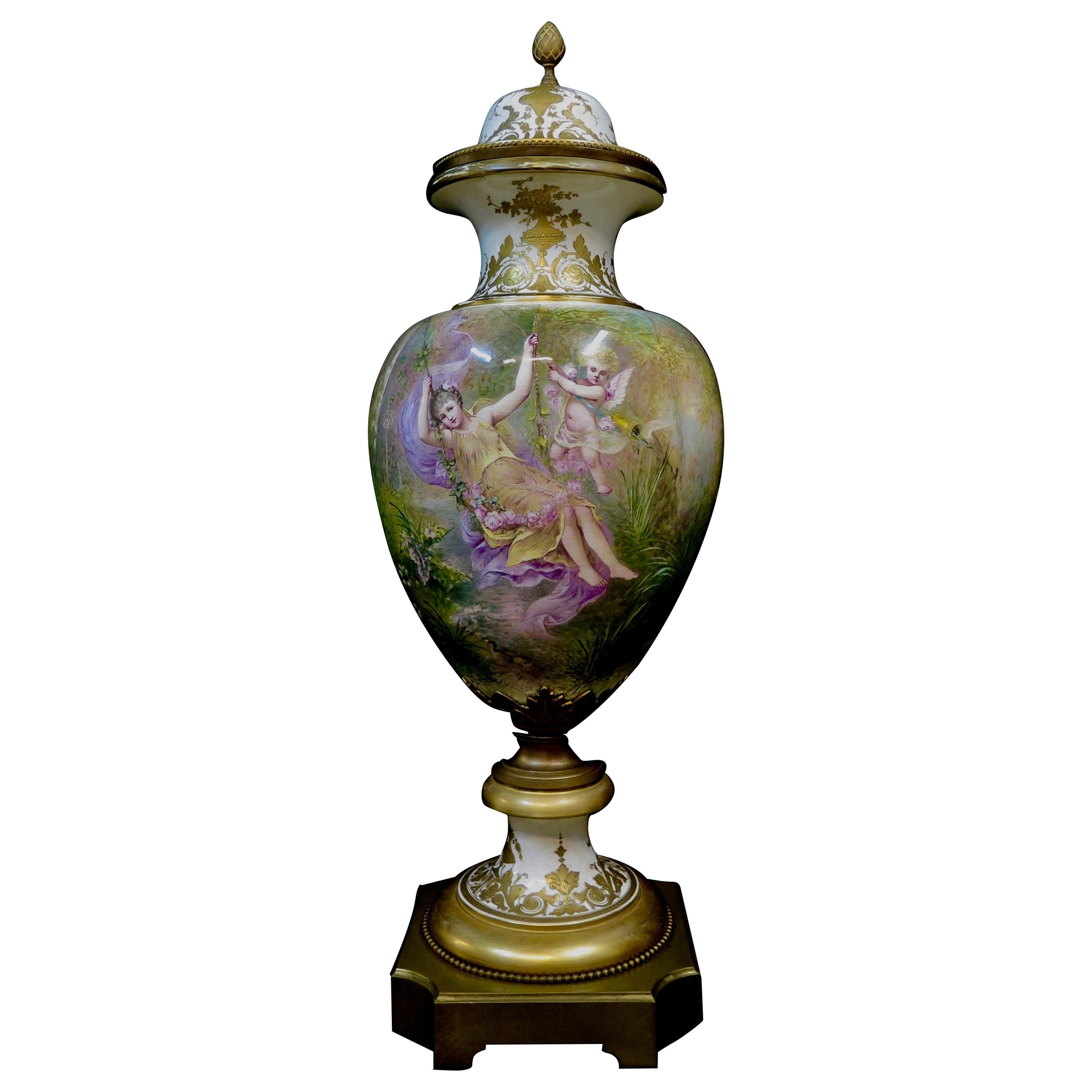 Vintage 19th Century Palace Size Sevres Covered Urn For Sale