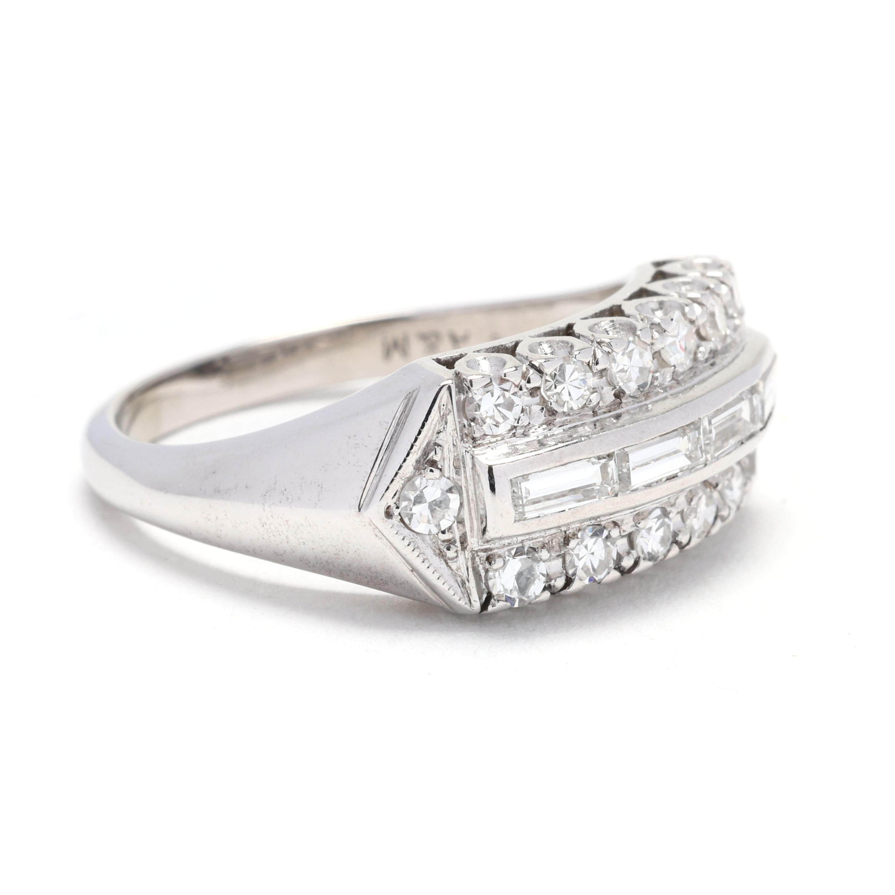 This vintage 1ctw diamond three-row diamond band is a true showstopper. Made with 14k white gold, this ring showcases three rows of sparkling diamonds that add a brilliant and glamorous touch. The diamonds have a total weight of 1ctw, creating a
