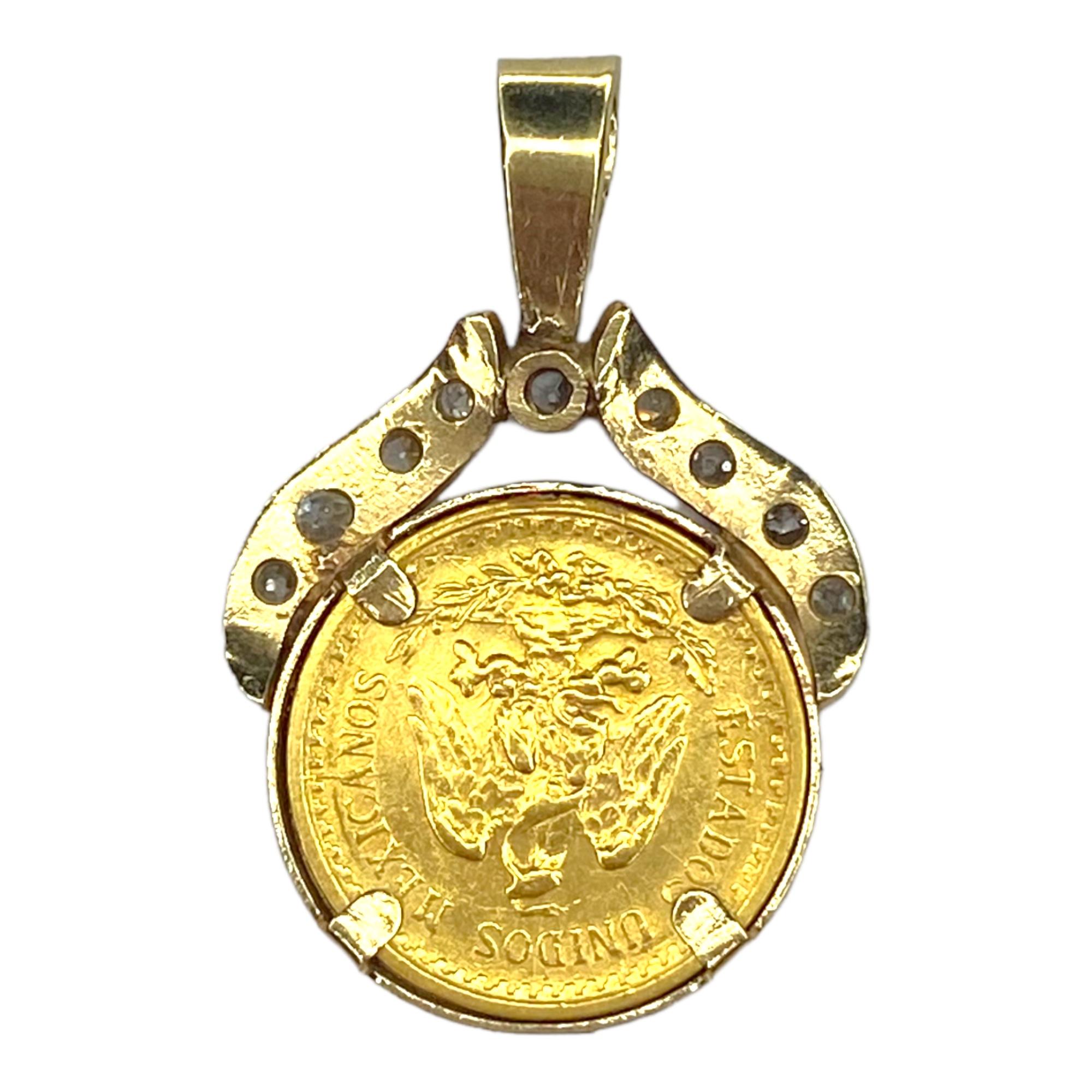 Old Mine Cut Vintage 2 1/2 Pesos Gold Coin and Diamond Pendant For Sale