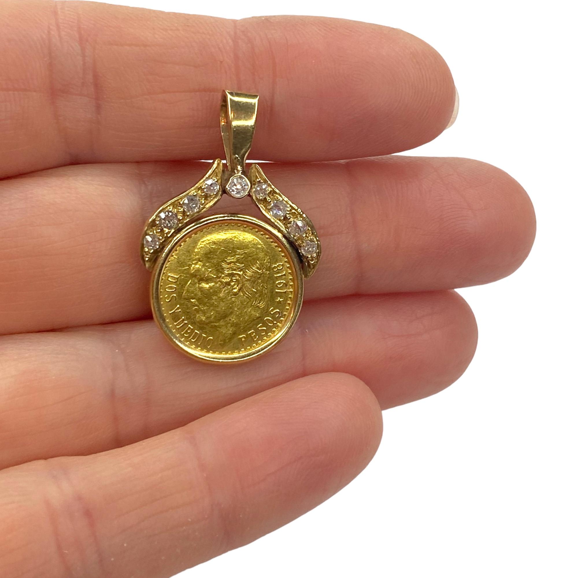 Women's or Men's Vintage 2 1/2 Pesos Gold Coin and Diamond Pendant For Sale