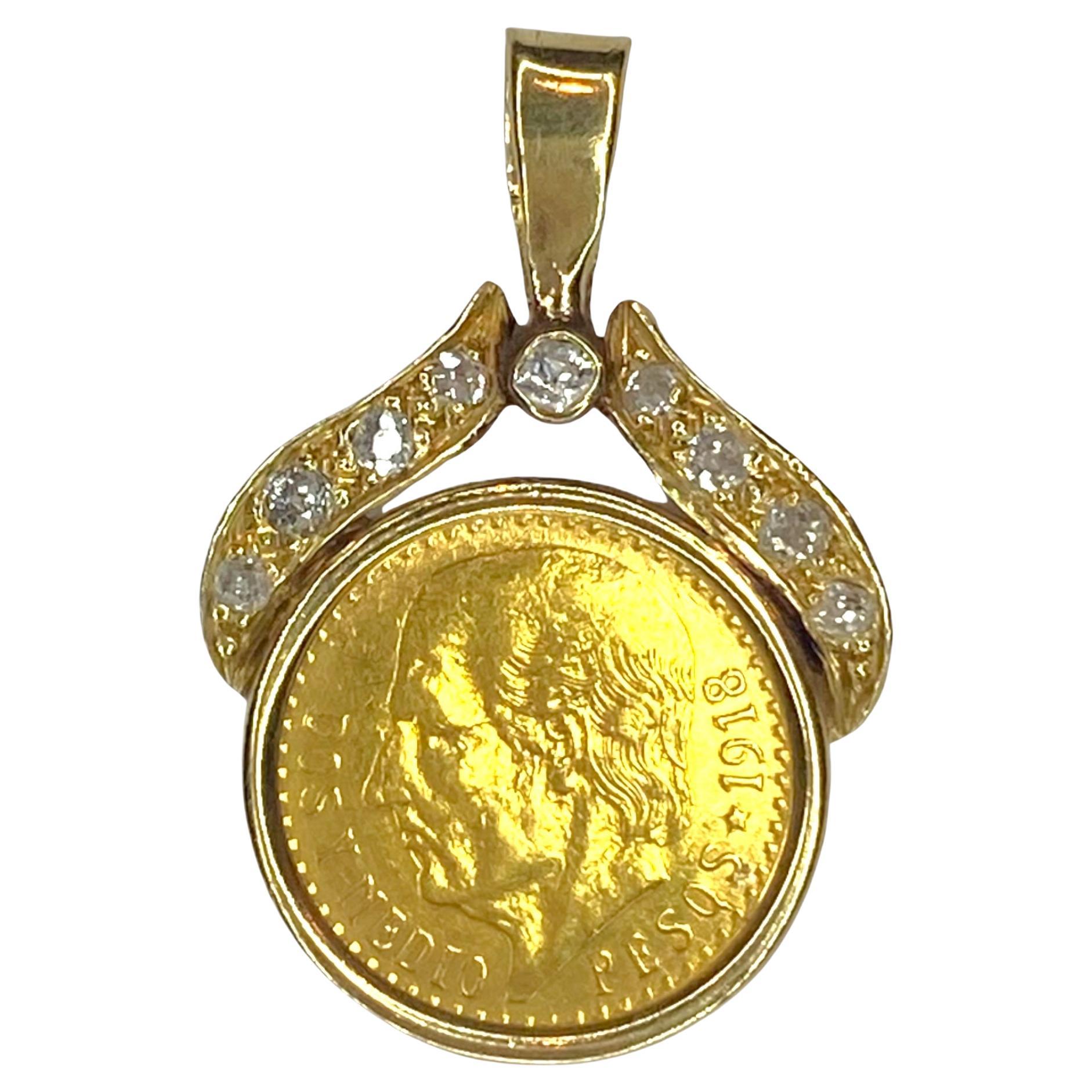 Vintage 2 1/2 Pesos Gold Coin and Diamond Pendant For Sale