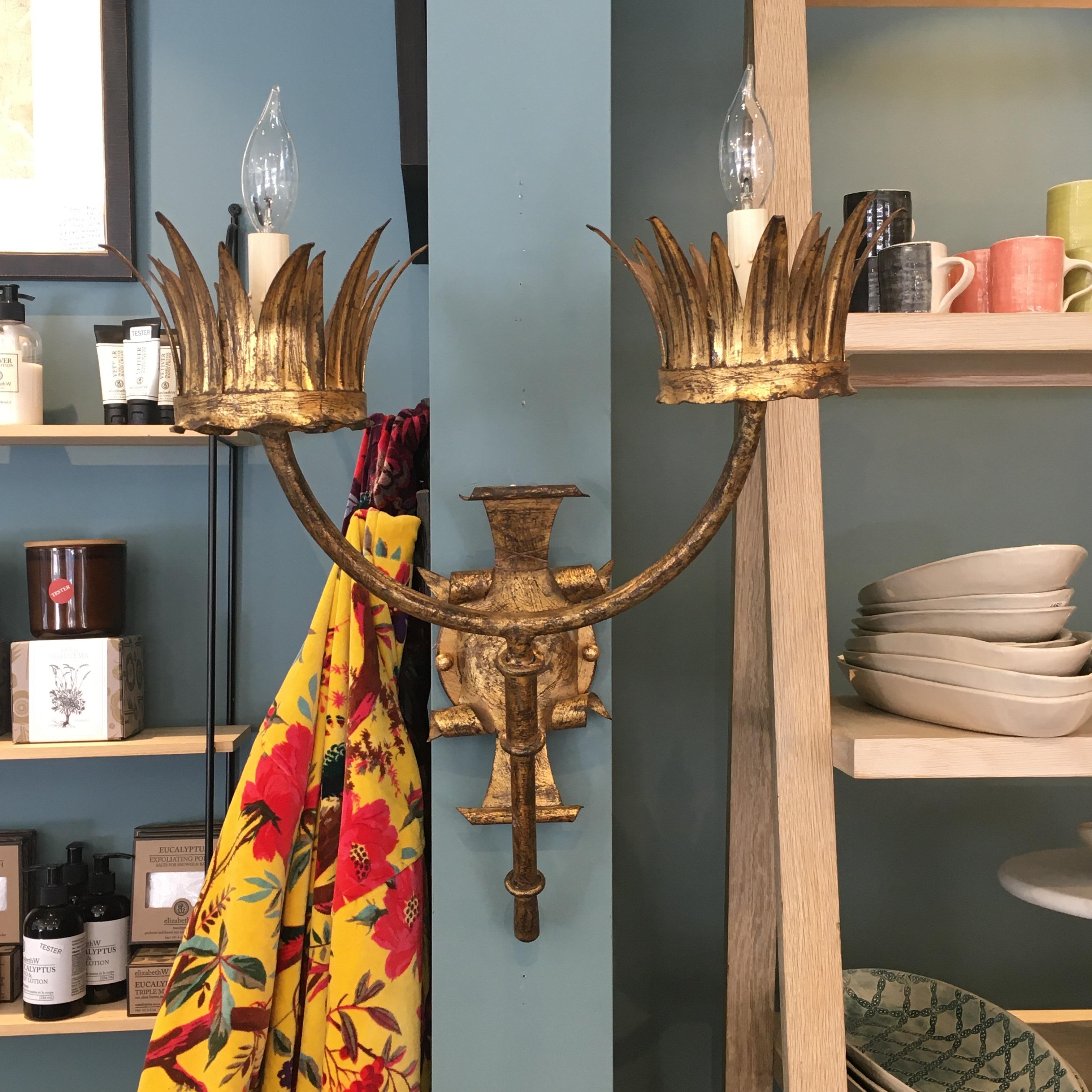 Vintage 2 Arm Sconce with Gold Leaf Finish In Good Condition For Sale In Pasadena, CA