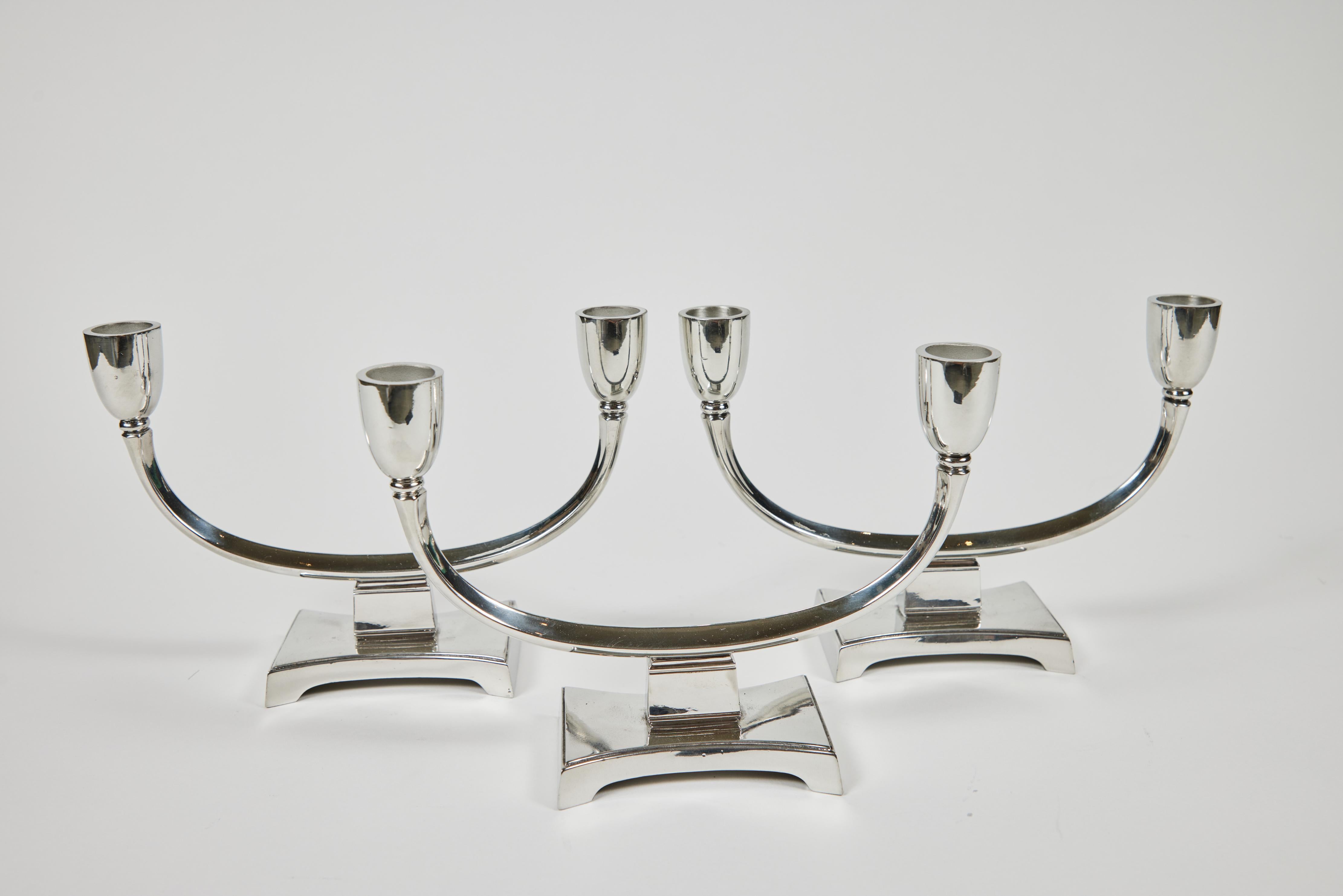 Vintage 2-arm silver plate candle holders Denmark set of 3, newly polished.