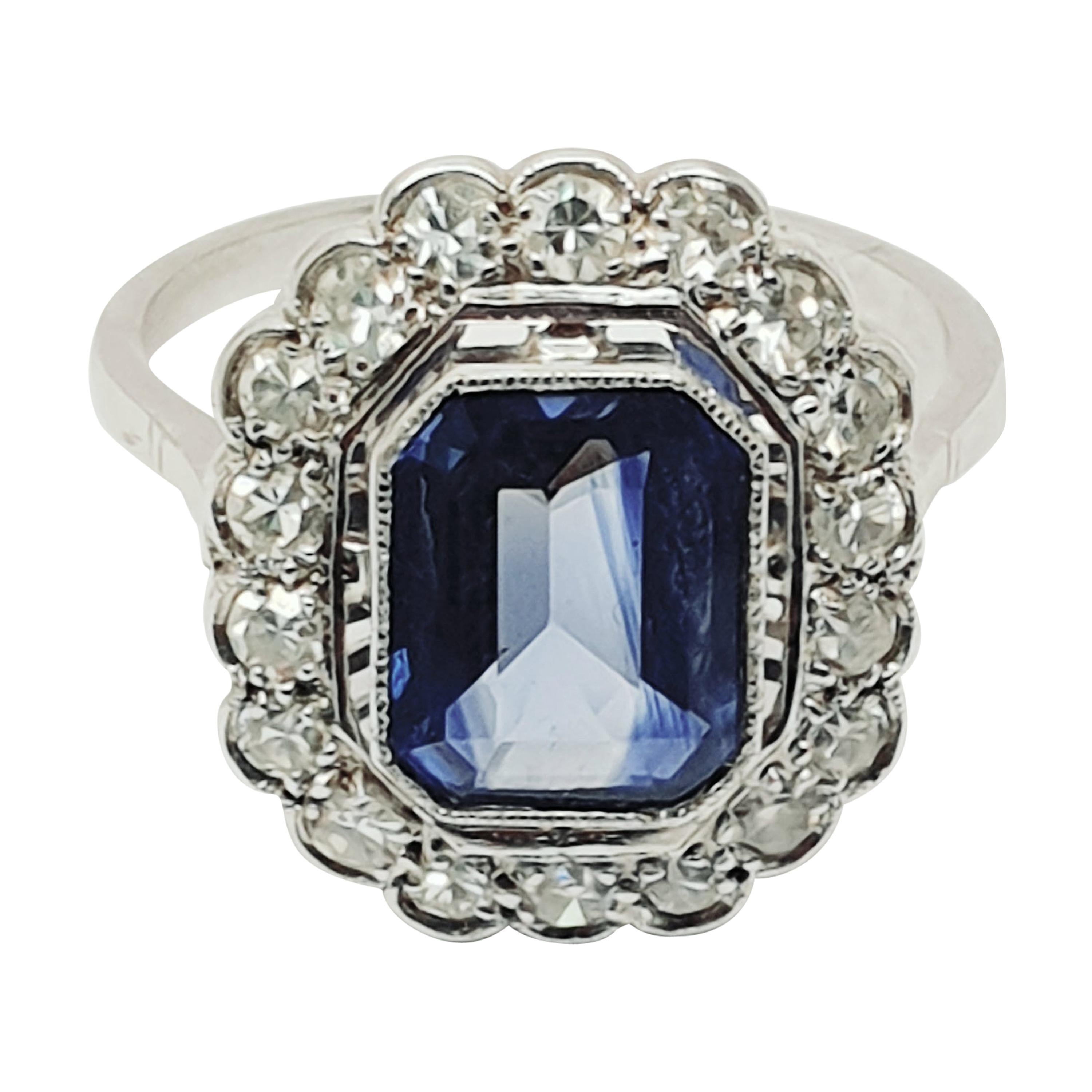 Vintage 2 Carat Blue Sapphire Cluster Diamond Ring For Sale