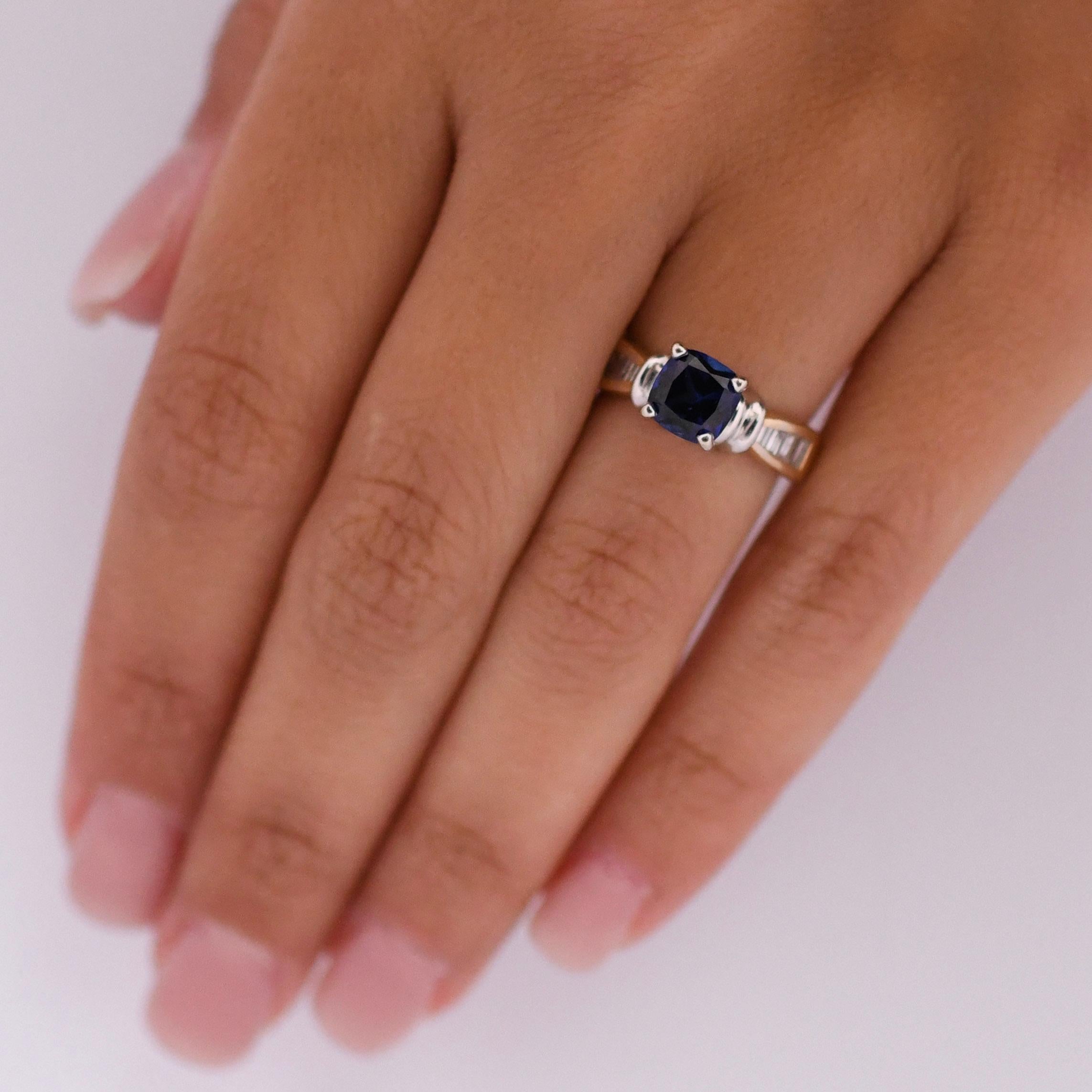 Vintage 2 Carat Cushion Cut Midnight Blue Tanzanite and Diamond 14K Gold Ring In Good Condition For Sale In Addison, TX