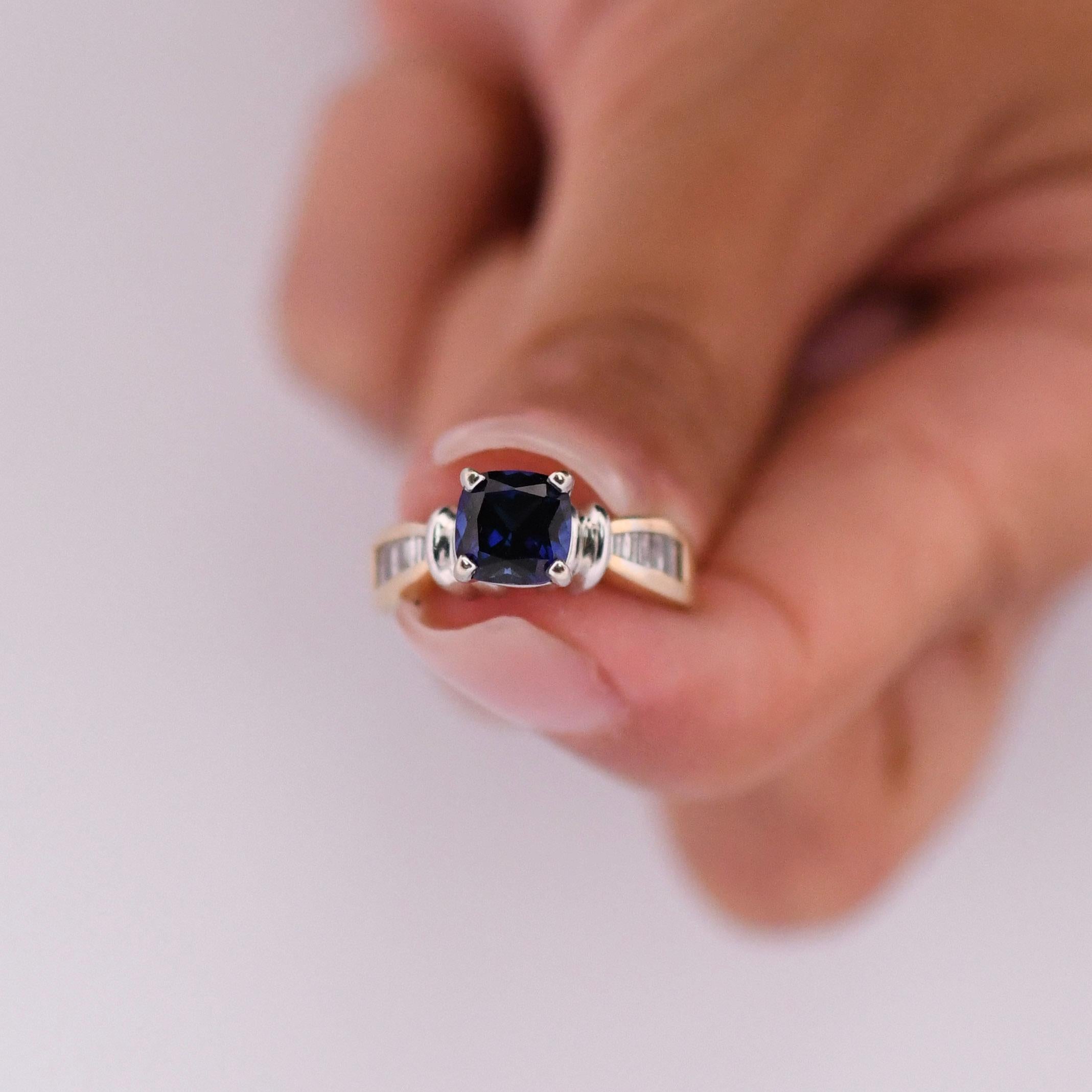Vintage 2 Carat Cushion Cut Midnight Blue Tanzanite and Diamond 14K Gold Ring For Sale