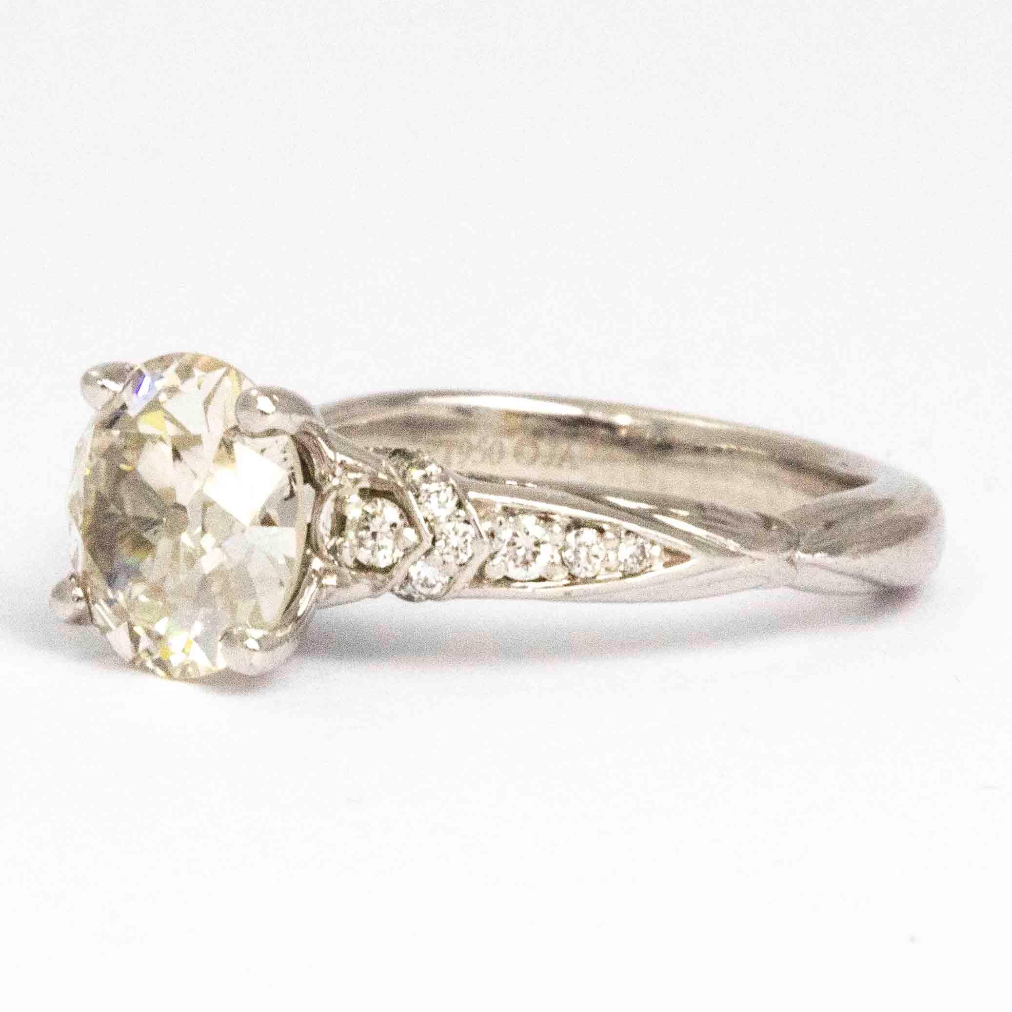 Vintage 2 Carat Diamond And Platinum Solitaire With Diamond Shoulders 