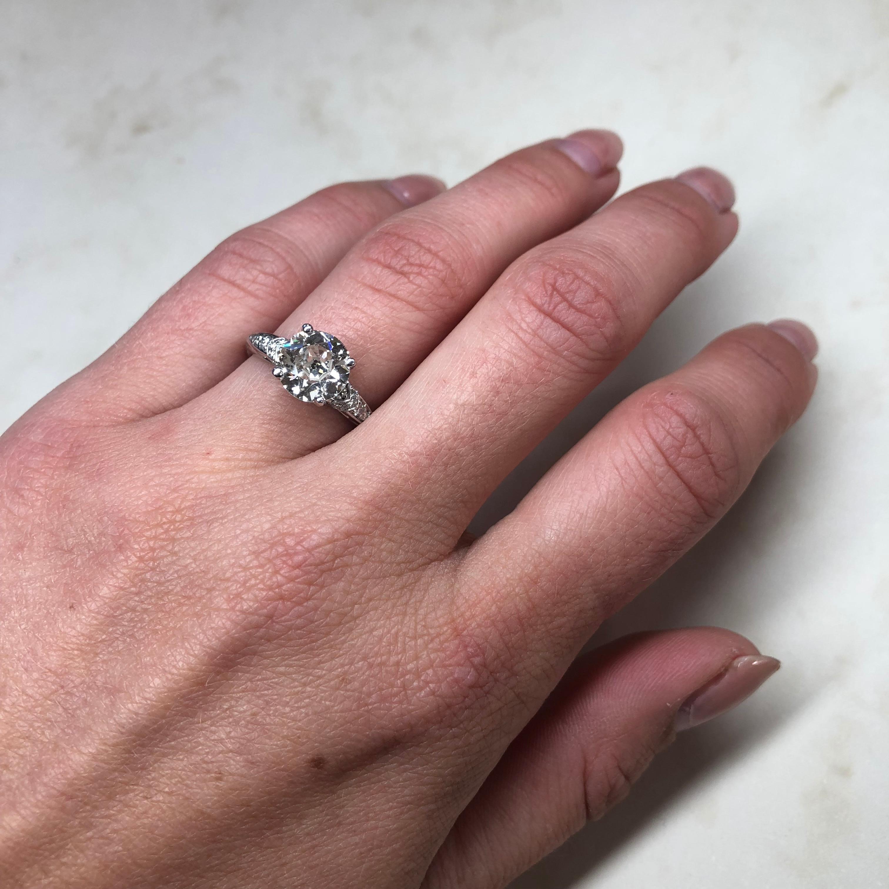 Modern Vintage 2 Carat Diamond and Platinum Solitaire with Diamond Shoulders For Sale