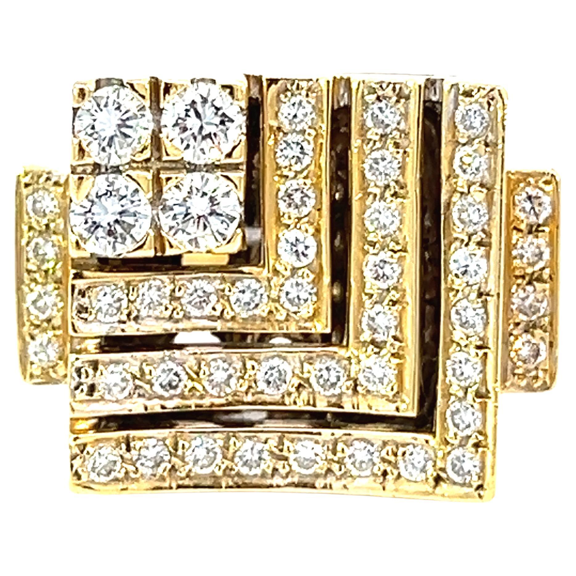 Bague vintage géométrique en or 18 carats avec diamants de 2 carats
