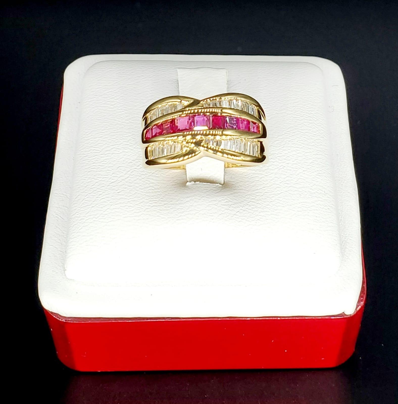 Gorgeous and luxurious, outstanding 2 carat diamonds & Ruby ring perfect for any occasion. The diamonds are bright and white tapered baguettes totaling 1 carat and the Ruby’s total weight approx 1 carat as well. The ring is a size 6.5 and weights
