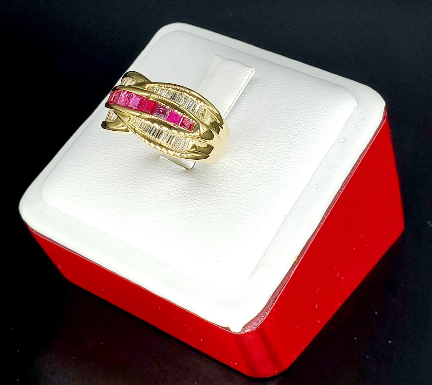 Baguette Cut Vintage 2 Carat Diamonds and Ruby Ring 18 Karat Gold For Sale