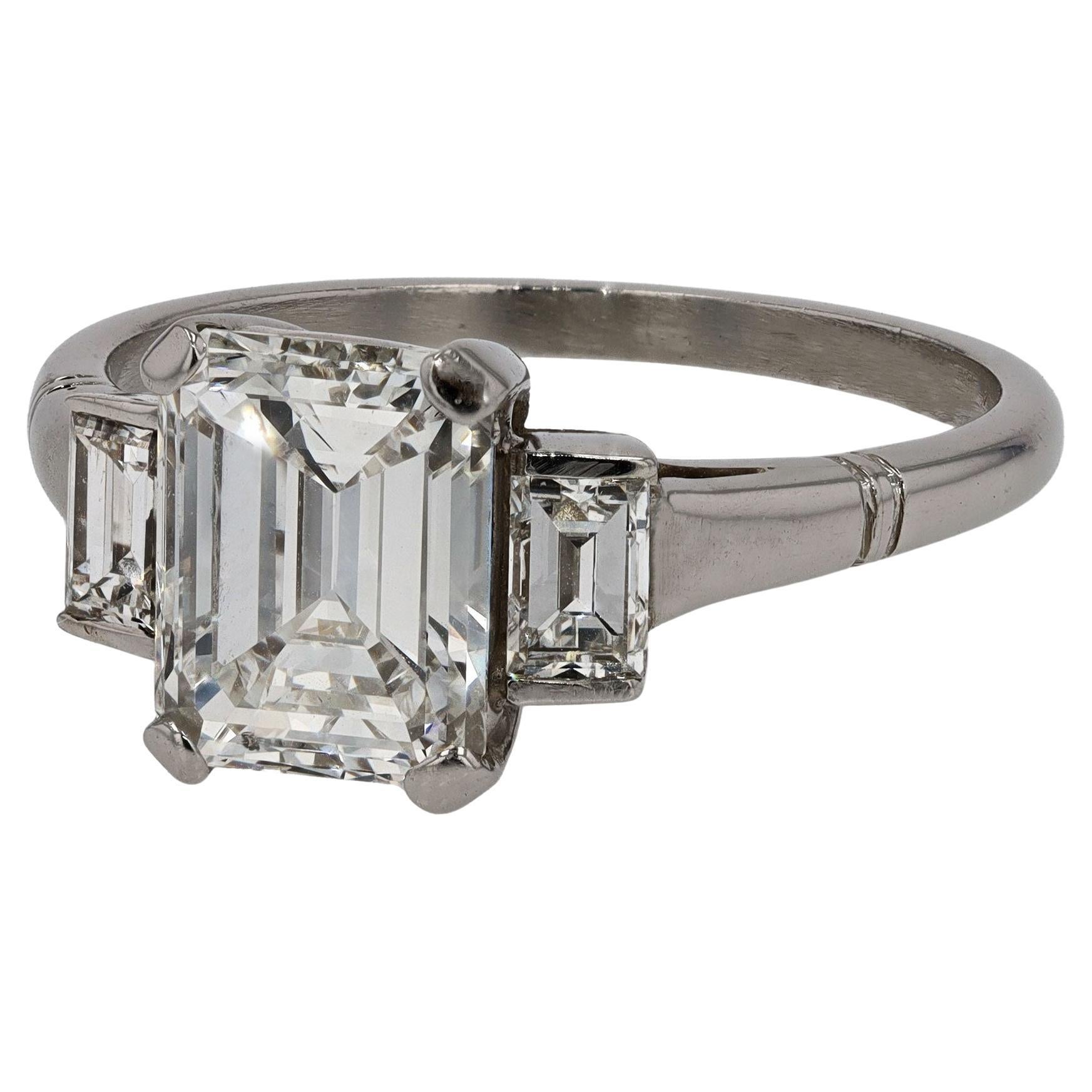 Vintage 2 Carat Emerald Cut Diamond Engagement Ring For Sale