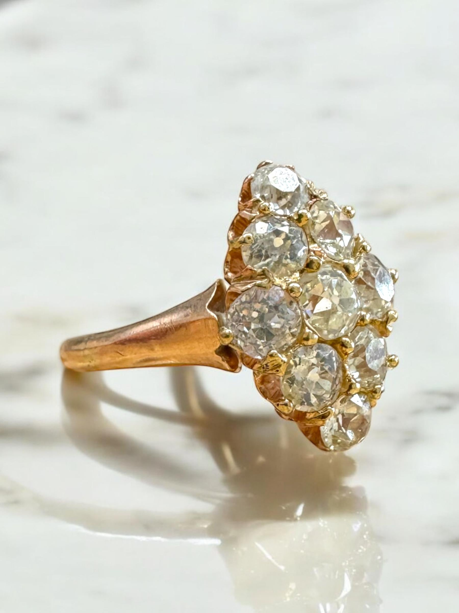 We are loving this rose gold vintage cluster ring!!

Ring Details
Material: 14K Rose Gold
Era: Victorian 1840 - 1900
Head Length: 15mm
Head Height: 4mm
Shank Width: 2mm
Weight: 2.8 Grams
Finger Size: 6
Sizable Upon Request

Accented by the following