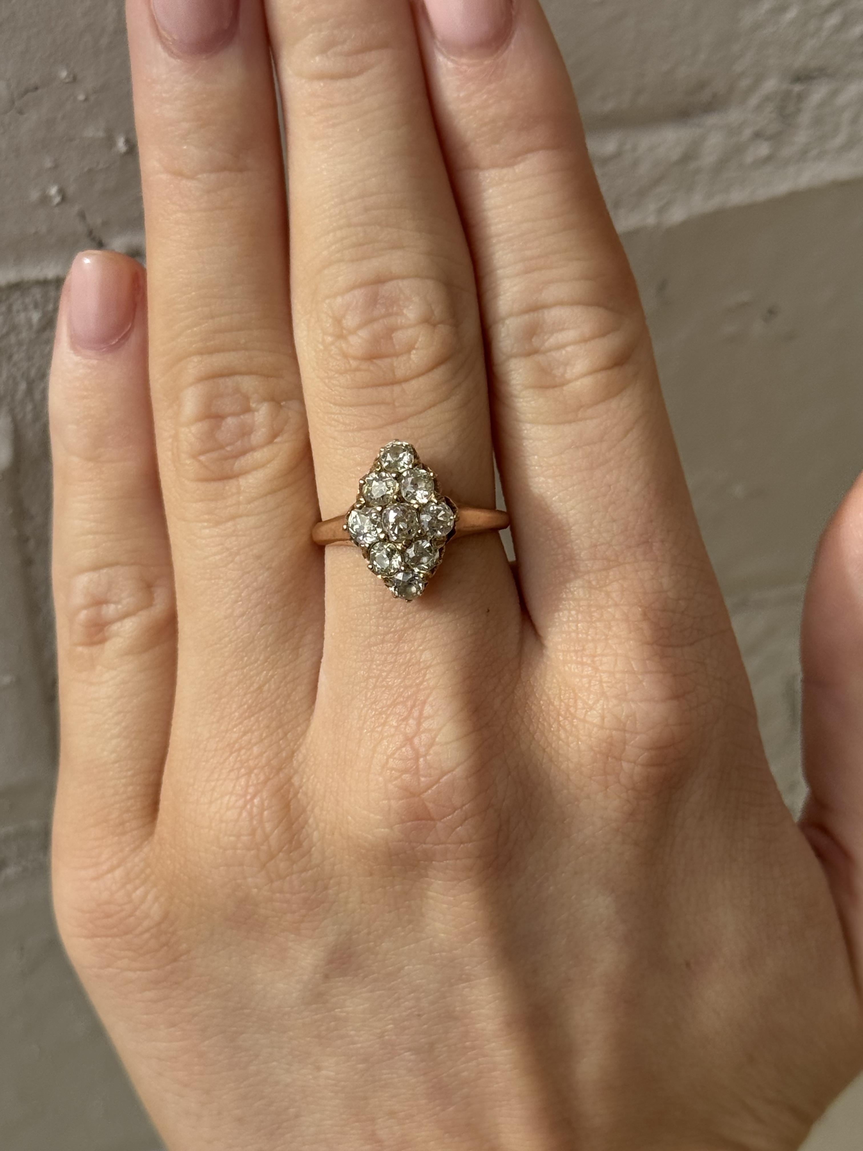 Vintage 2 Carat Old Mine Cut Cluster Navette Style Ring Rose Gold In Good Condition For Sale In Montgomery, AL