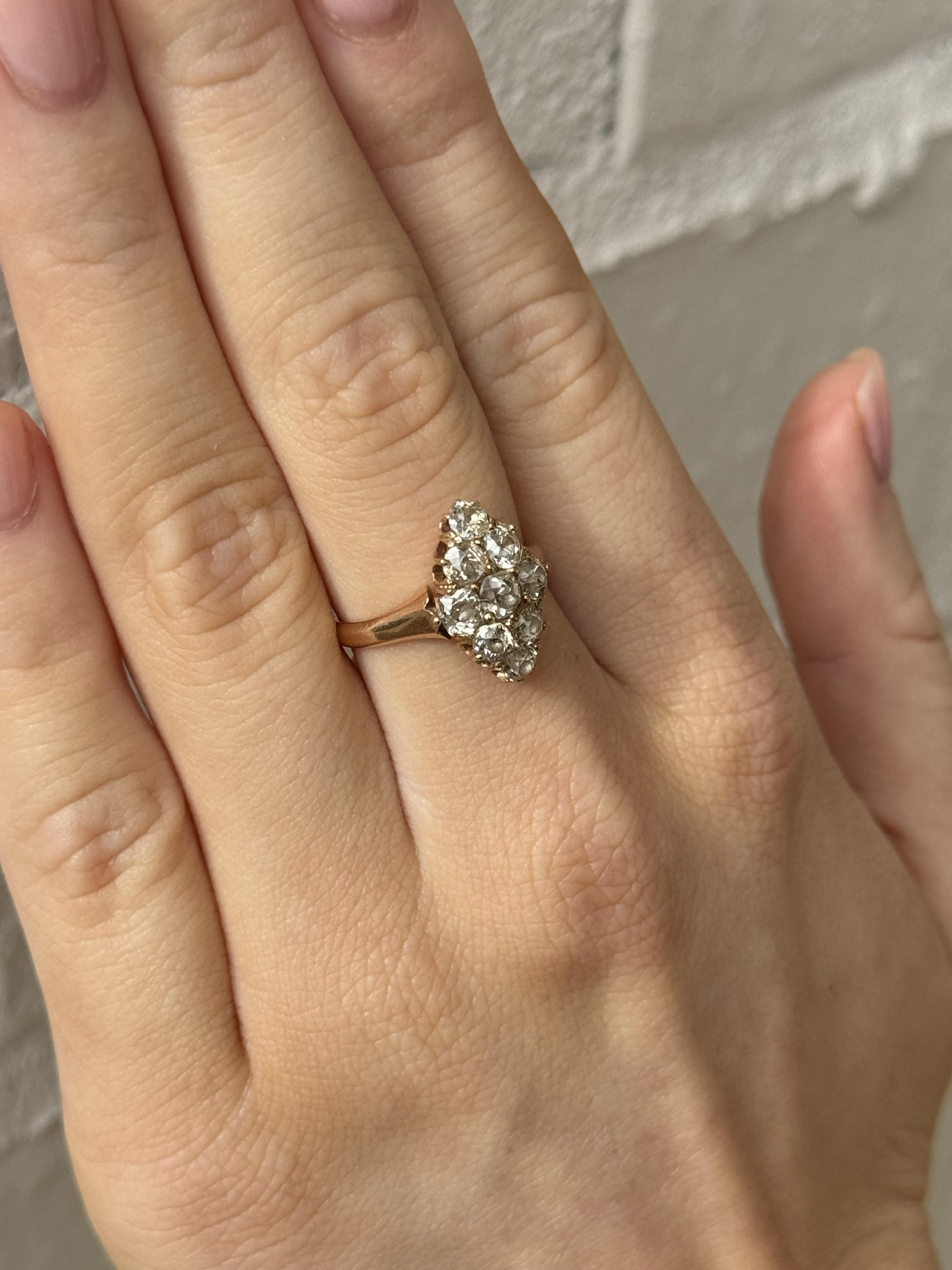 Women's Vintage 2 Carat Old Mine Cut Cluster Navette Style Ring Rose Gold For Sale