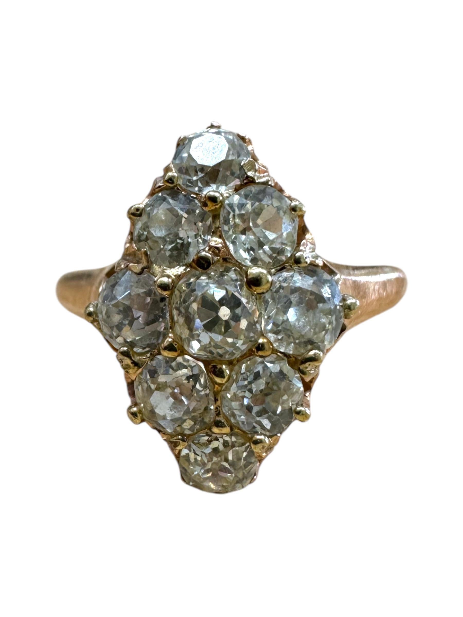 Vintage 2 Carat Old Mine Cut Cluster Navette Style Ring Rose Gold For Sale 1
