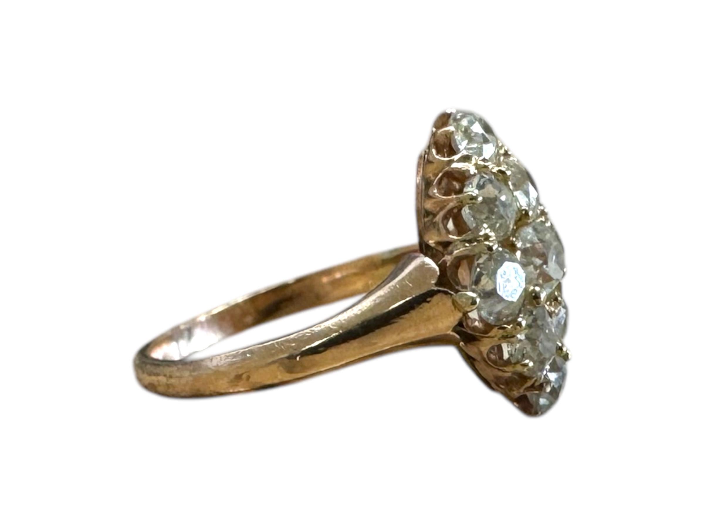 Vintage 2 Carat Old Mine Cut Cluster Navette Style Ring Rose Gold For Sale 4