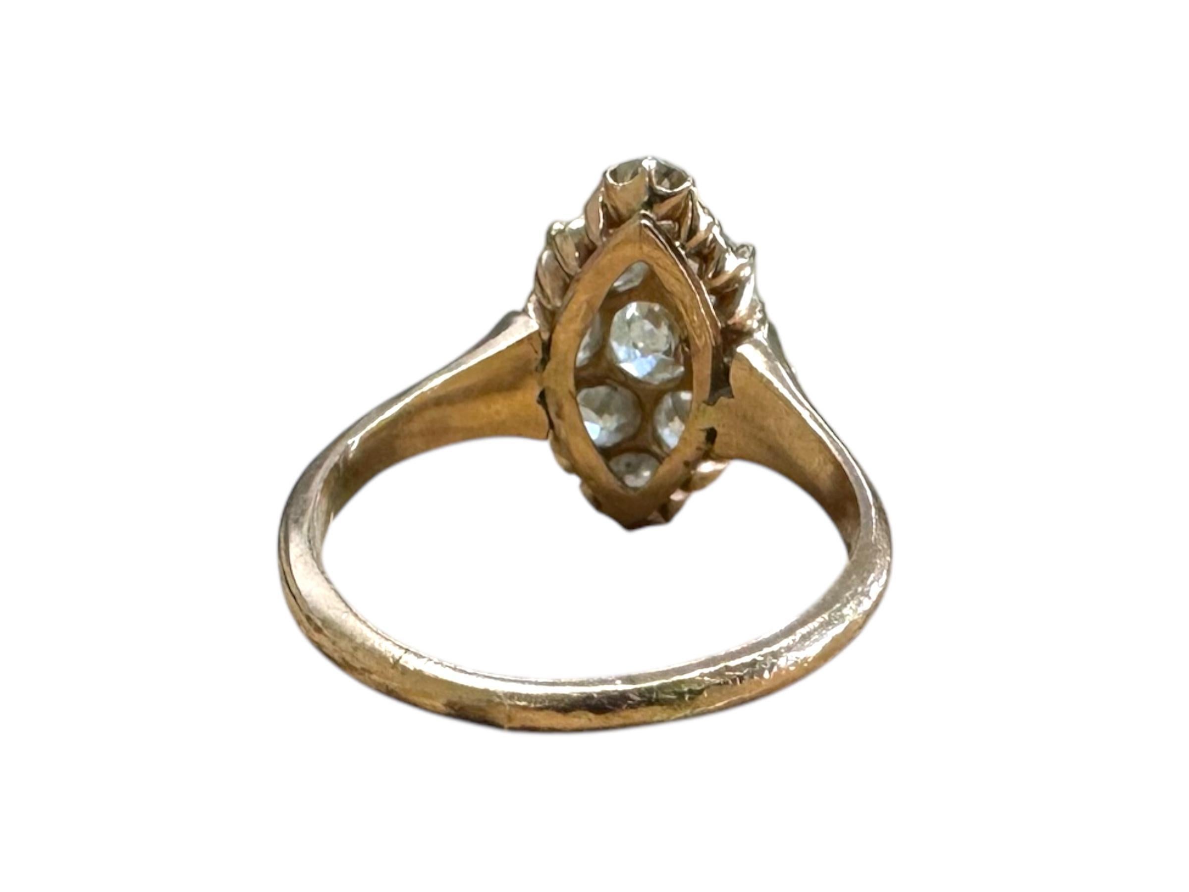 Vintage 2 Carat Old Mine Cut Cluster Navette Style Ring Rose Gold For Sale 5
