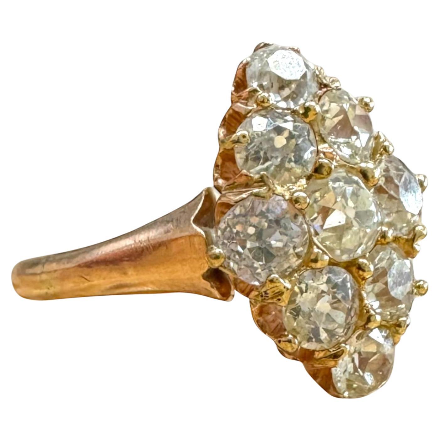 Vintage 2 Carat Old Mine Cut Cluster Navette Style Ring Rose Gold For Sale