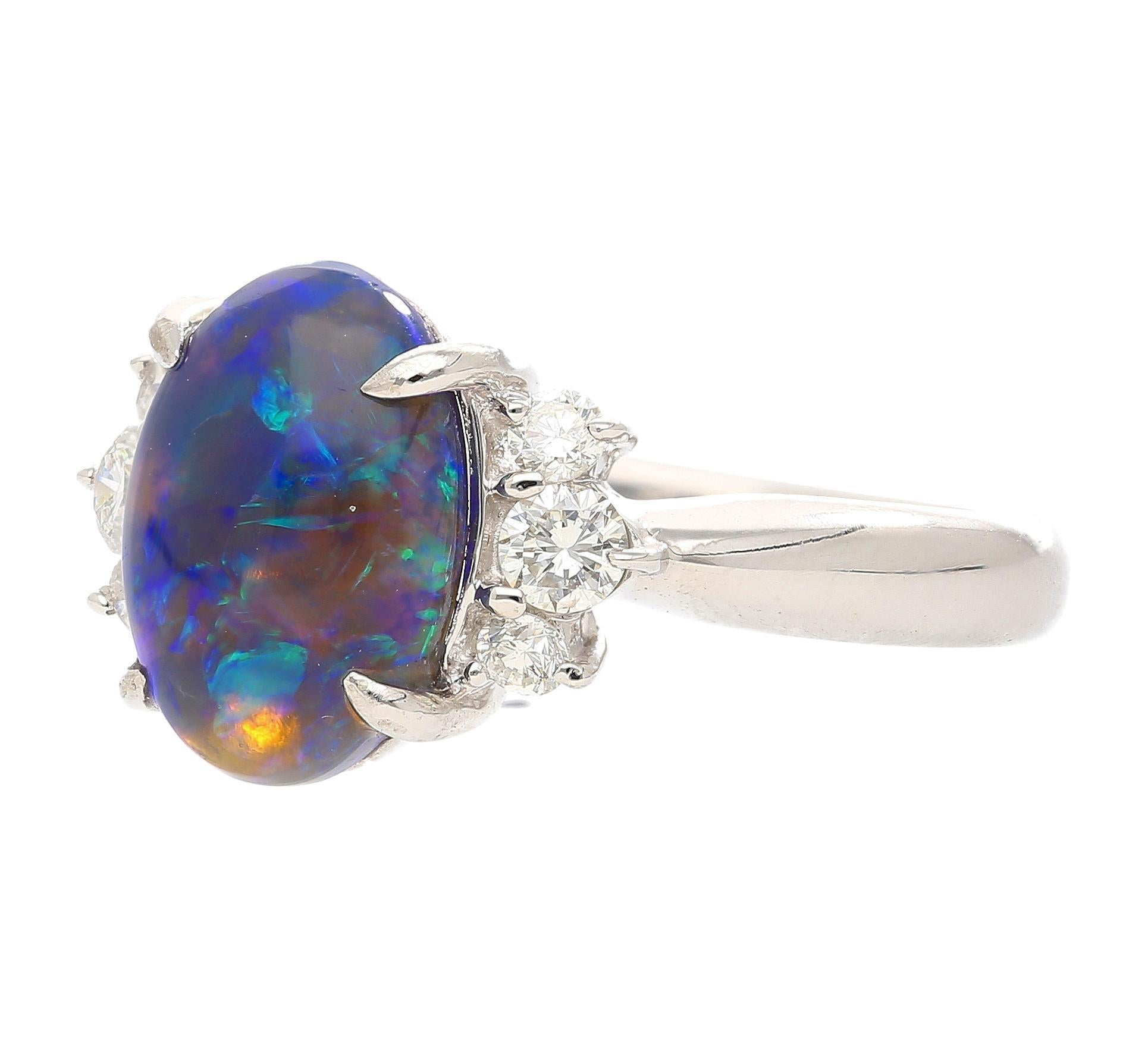 Modern Vintage 2 Carat Oval Black Opal & Diamond 3 Stone Platinum Ring GIA Certified