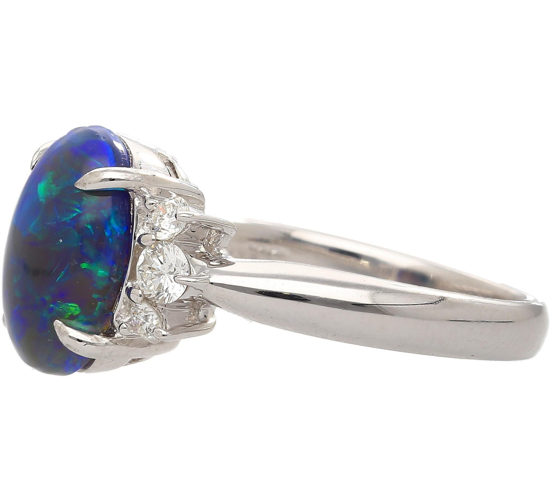 Oval Cut Vintage 2 Carat Oval Black Opal & Diamond 3 Stone Platinum Ring GIA Certified