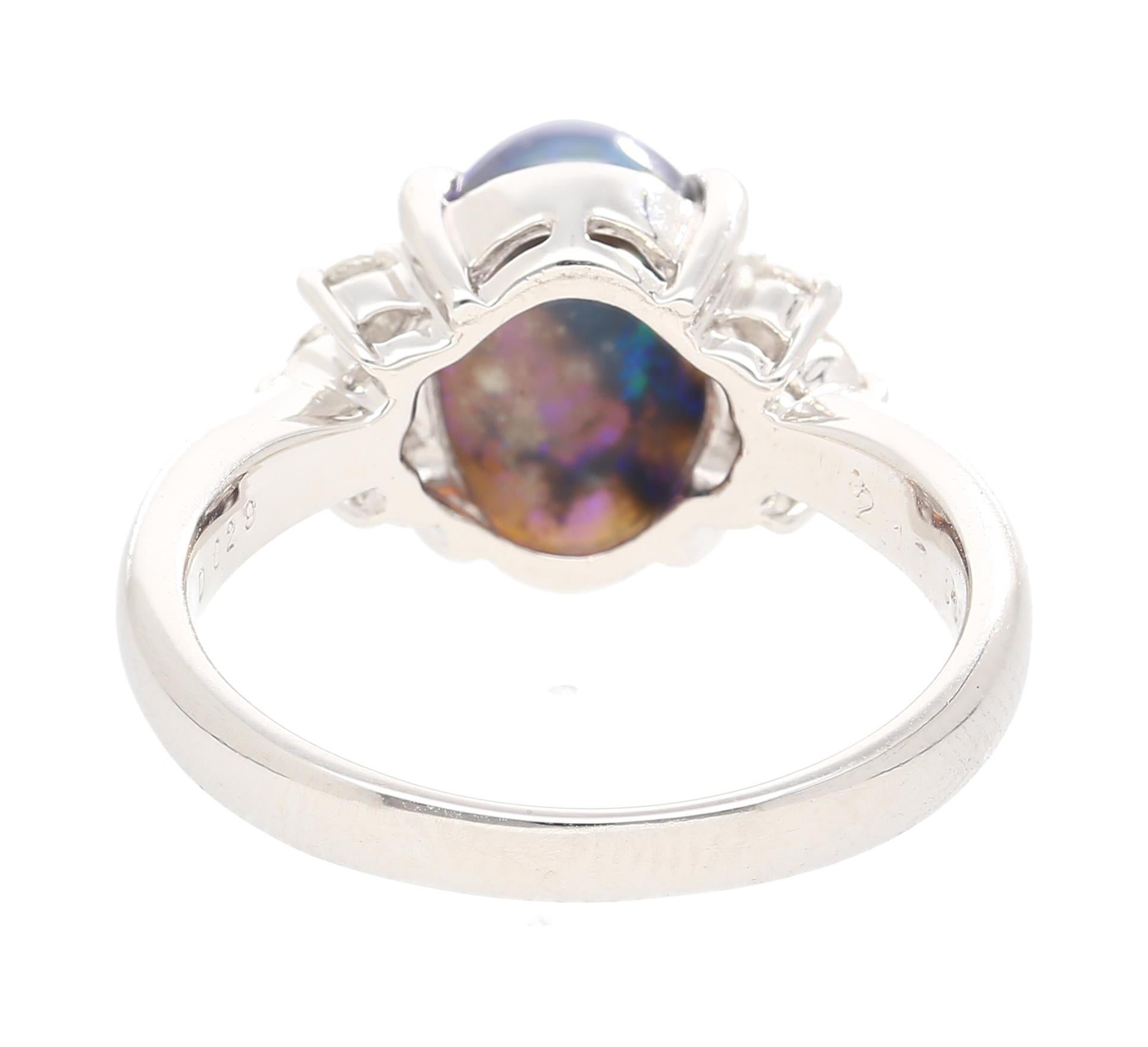 Vintage 2 Carat Oval Black Opal & Diamond 3 Stone Platinum Ring GIA Certified In Excellent Condition In Miami, FL