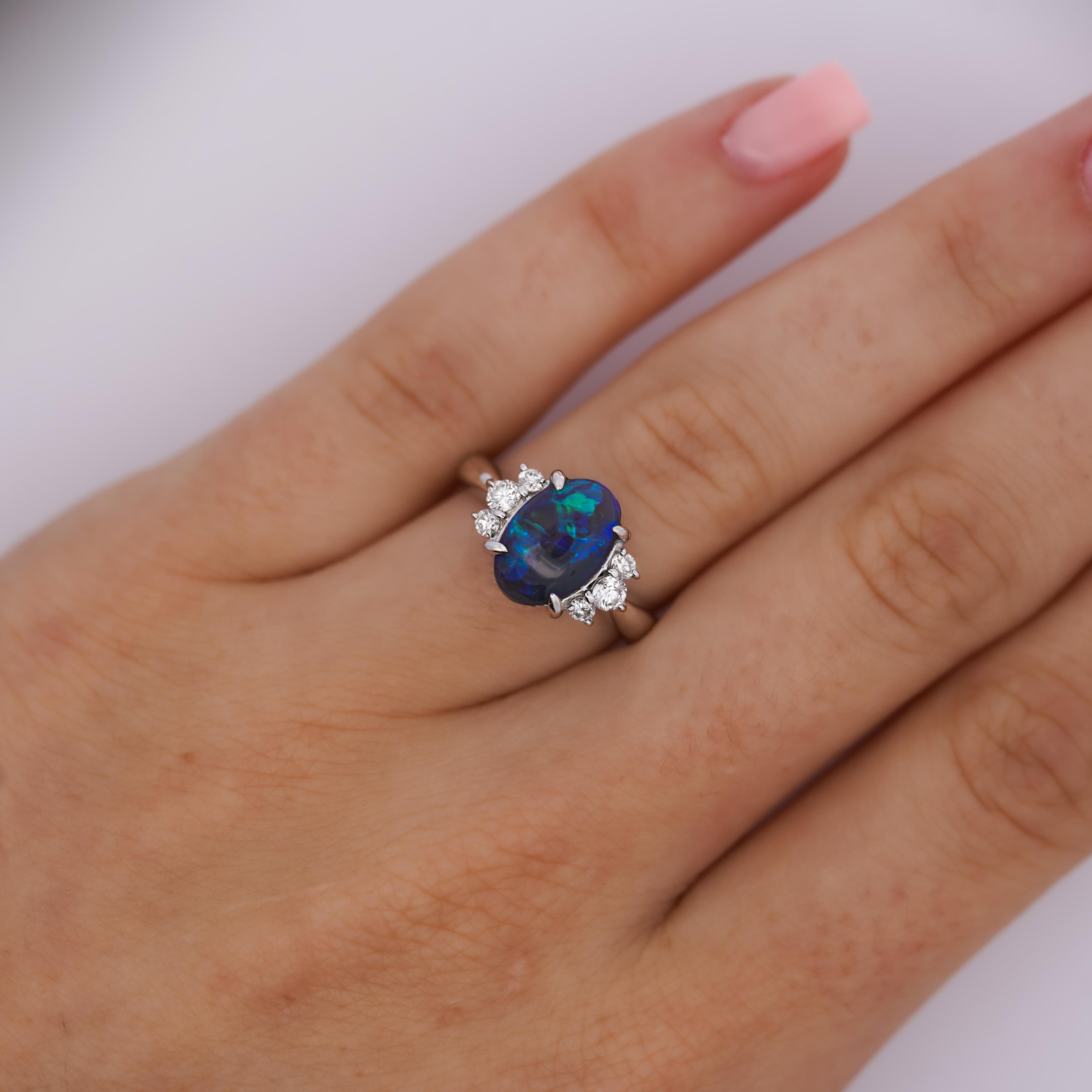 Women's Vintage 2 Carat Oval Black Opal & Diamond 3 Stone Platinum Ring GIA Certified