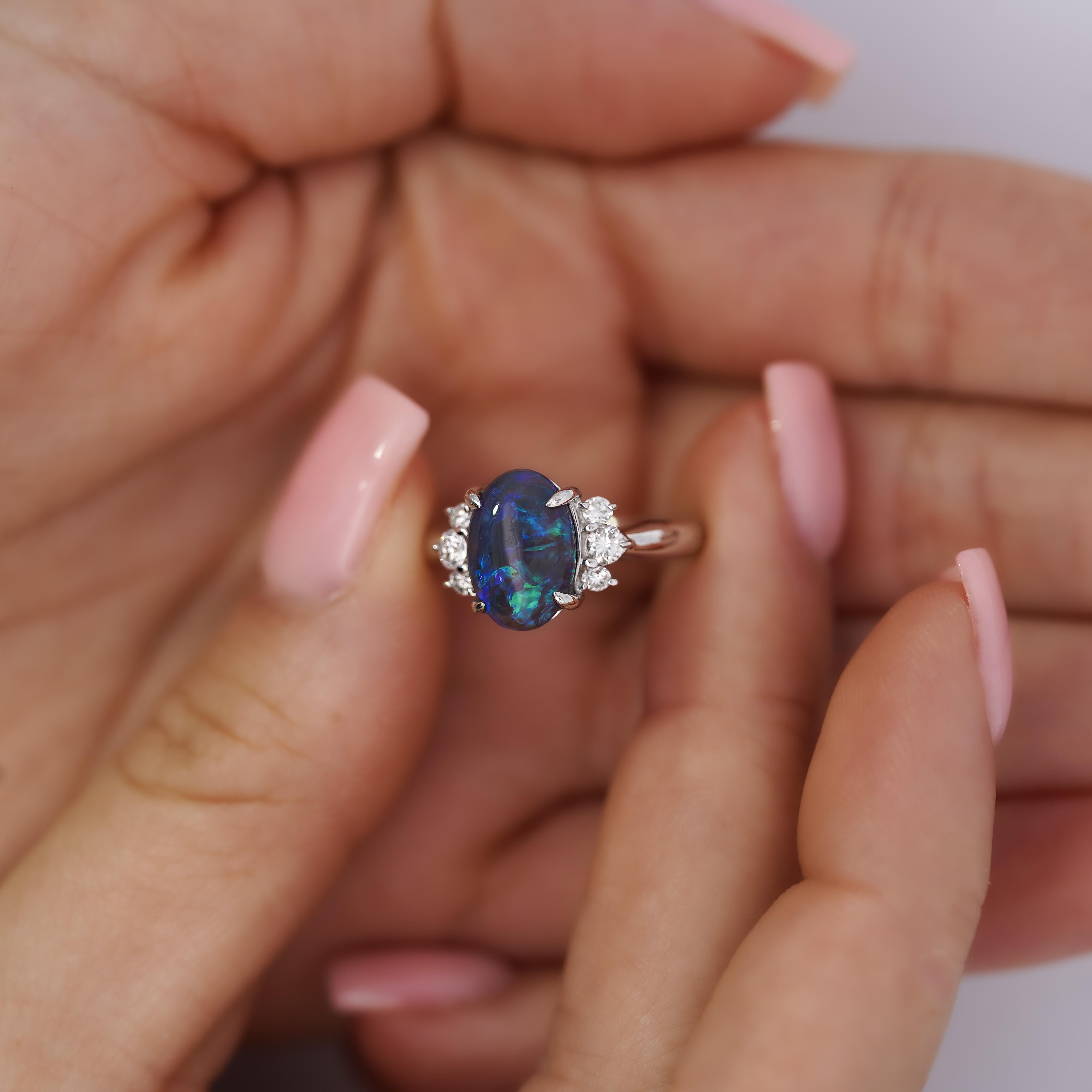 Vintage 2 Carat Oval Black Opal & Diamond 3 Stone Platinum Ring GIA Certified 1
