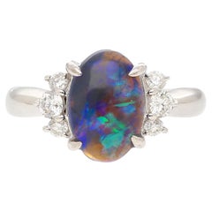 Vintage 2 Carat Oval Black Opal & Diamond 3 Stone Platinum Ring GIA Certified