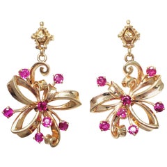 Vintage 2 Carat Ruby Dangling Floral Earrings in 14 Karat Gold