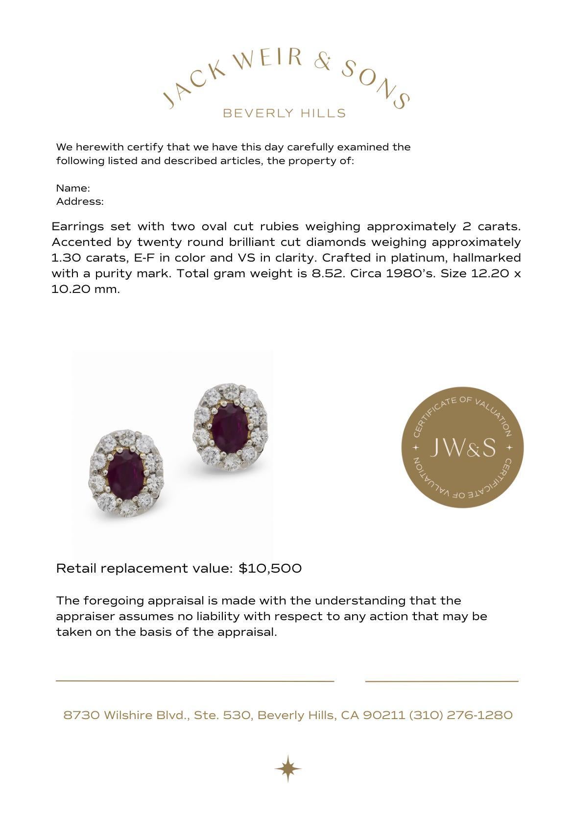 Pendientes vintage de racimo de rubíes, diamantes y platino de 2 quilates en venta 2