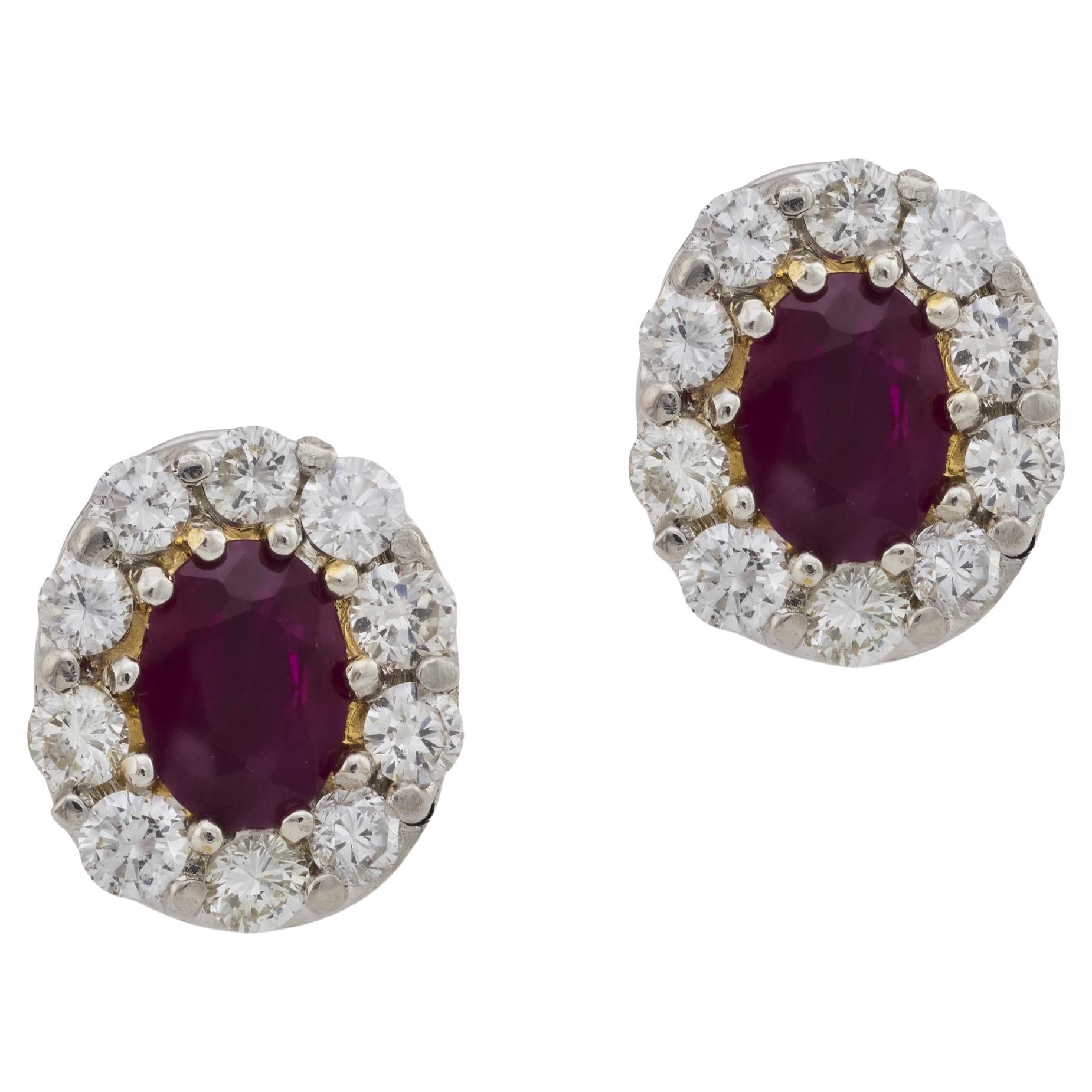 Vintage 2 carat ruby diamond platinum cluster earrings For Sale