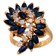 Vintage 2 carat sapphire diamond 14k yellow gold swirl cocktail ring