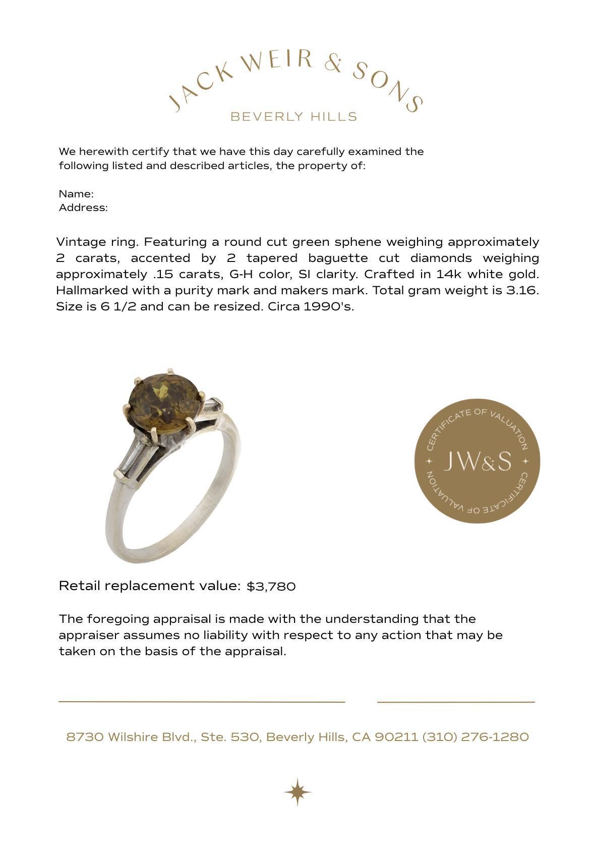 Women's Vintage 2 carat sphene diamond 14k white gold ring For Sale