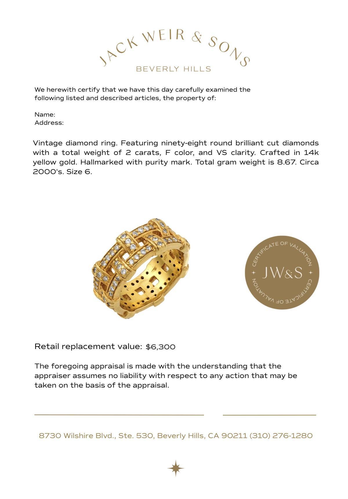 Vintage 2 Karat Gesamtgewicht Diamant 14k Gelbgold Band im Zustand „Gut“ im Angebot in Beverly Hills, CA