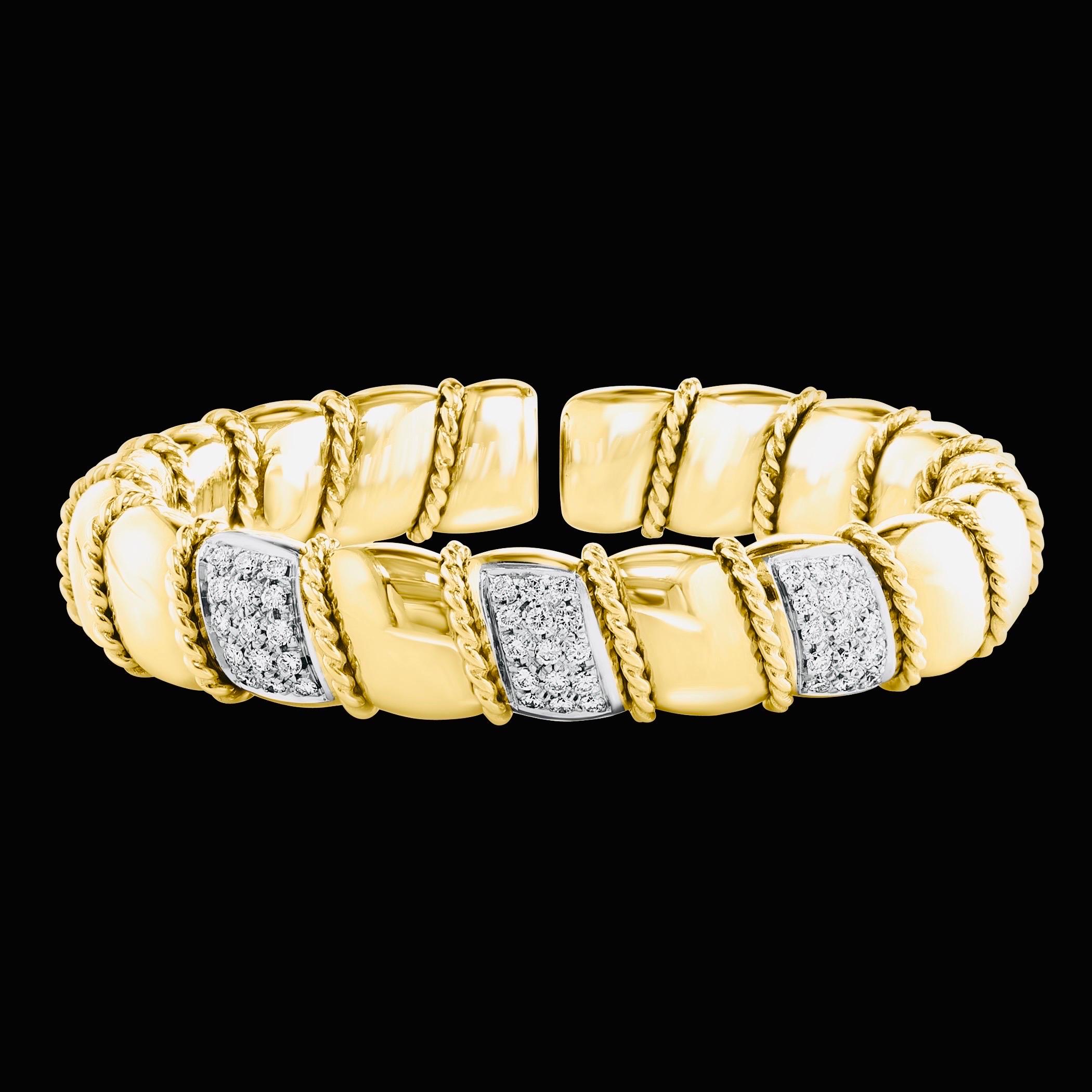 Women's Vintage 2 Carats Diamond Cuff Bangle Bracelet 18 Karat Solid Yellow Gold 75 Gram For Sale
